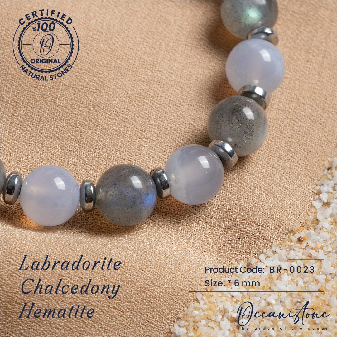 Special-Cut Labradorite, Chalcedony and Hematite Bracelet with Elastic Cord