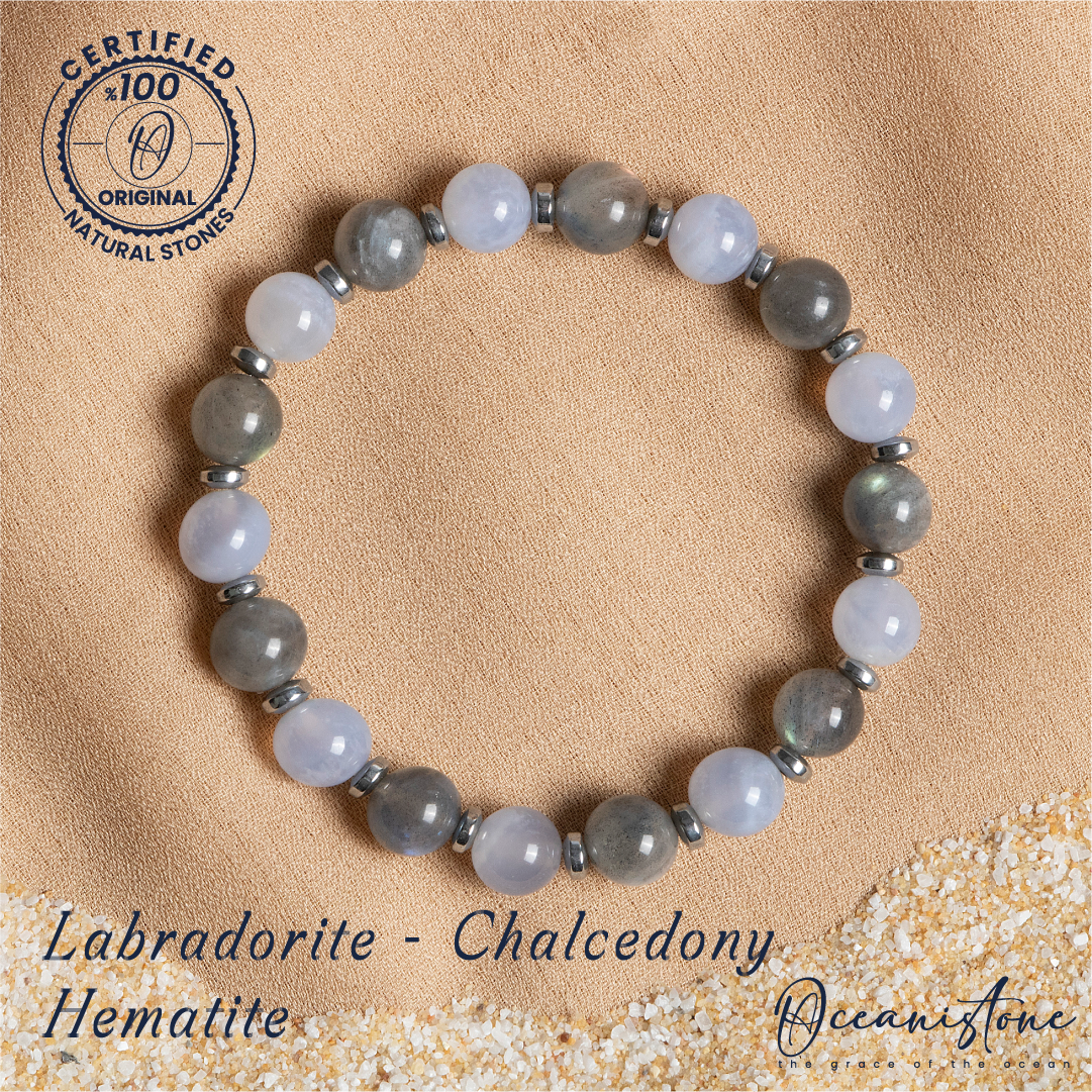 Special-Cut Labradorite, Chalcedony and Hematite Bracelet with Elastic Cord