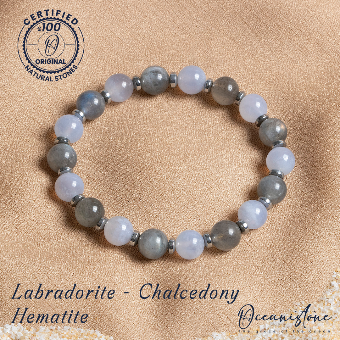 Special-Cut Labradorite, Chalcedony and Hematite Bracelet with Elastic Cord