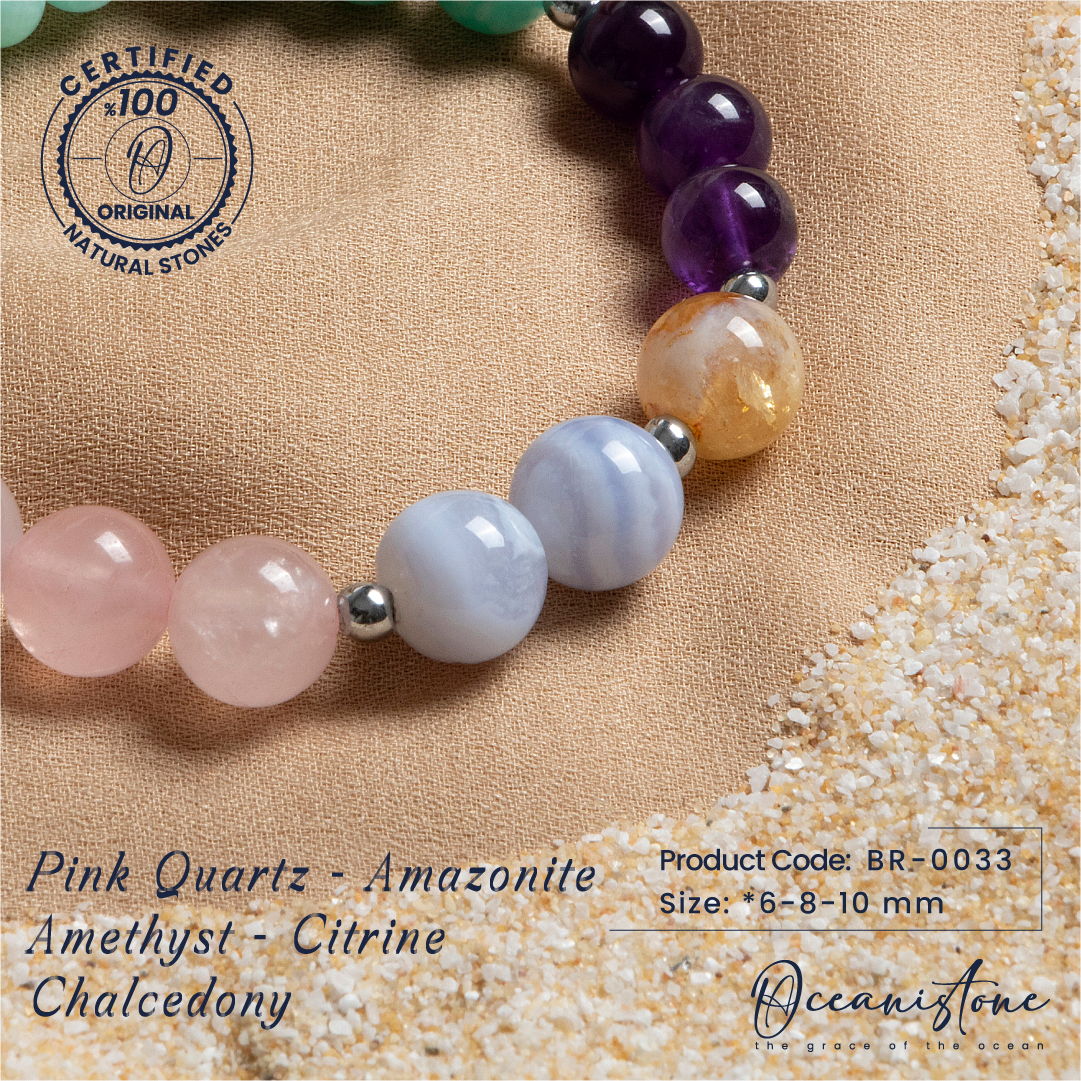 Rose Quartz, Amazonite, Amethyst, Citrine and Chalcedony Bracelet with Elastic Cord