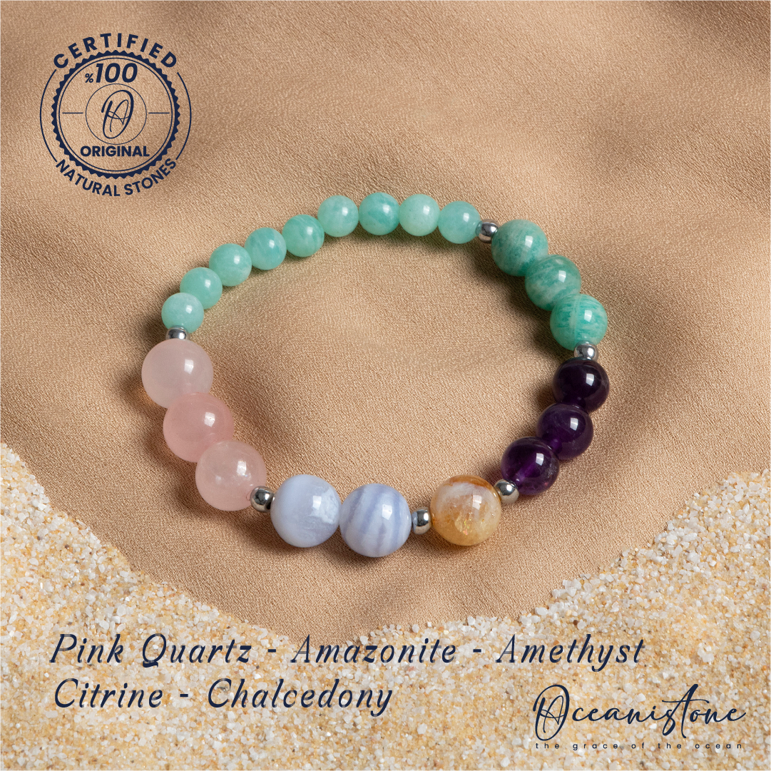 Rose Quartz, Amazonite, Amethyst, Citrine and Chalcedony Bracelet with Elastic Cord