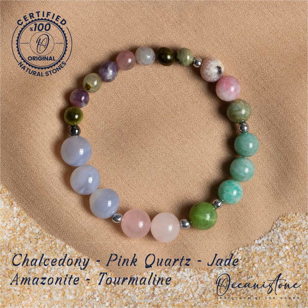 Chalcedony, Rose Quartz, Jade, Amazonite, and Tourmaline Bracelet with Elastic Cord