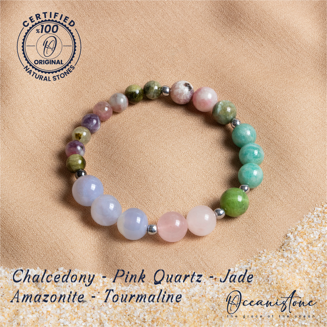 Chalcedony, Rose Quartz, Jade, Amazonite, and Tourmaline Bracelet with Elastic Cord