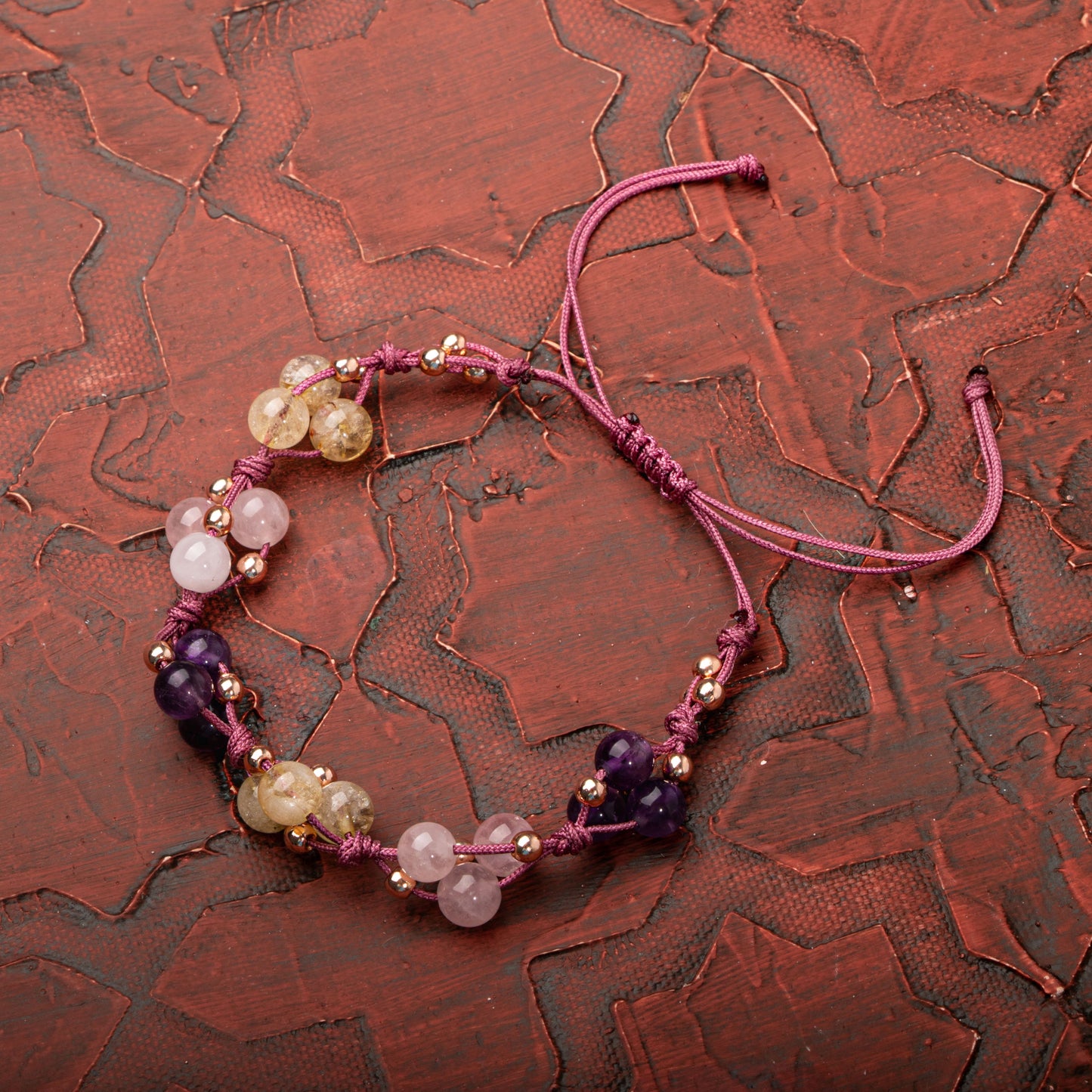 Amethyst, Pink Quartz and Citrine Natural Stone Macrame Design Bracelet
