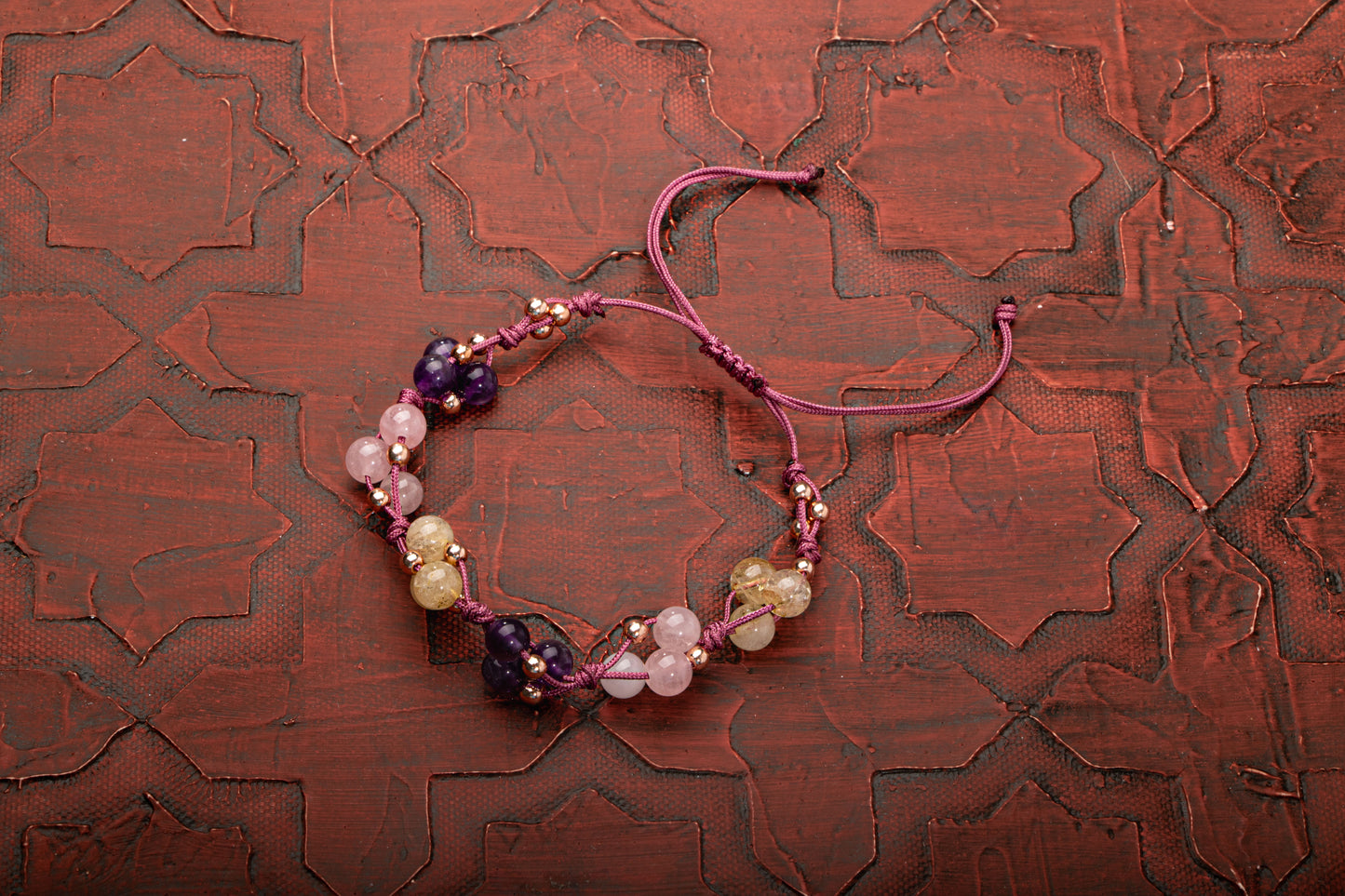 Amethyst, Pink Quartz and Citrine Natural Stone Macrame Design Bracelet