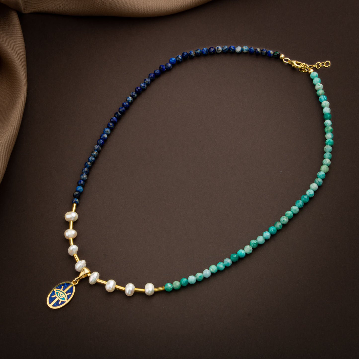 Pearl, Amazonite, Lapis Lazuli Natural Stone 925 Sterling Silver Necklace