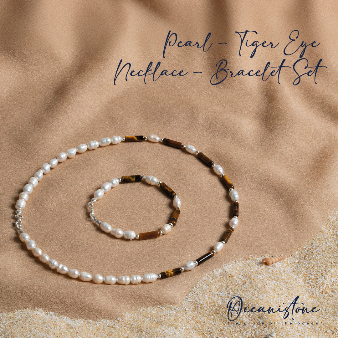 Tiger Eye and Pearl Necklace & Bracelet Set with Silver Clasp – Oceanistone