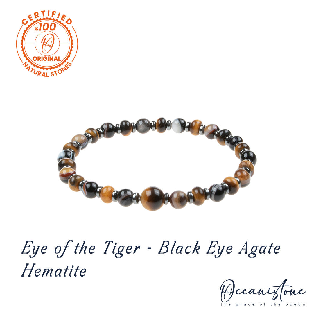 Men’s Tiger Eye, Black Eye Agate and Hematite Stretch Bracelet