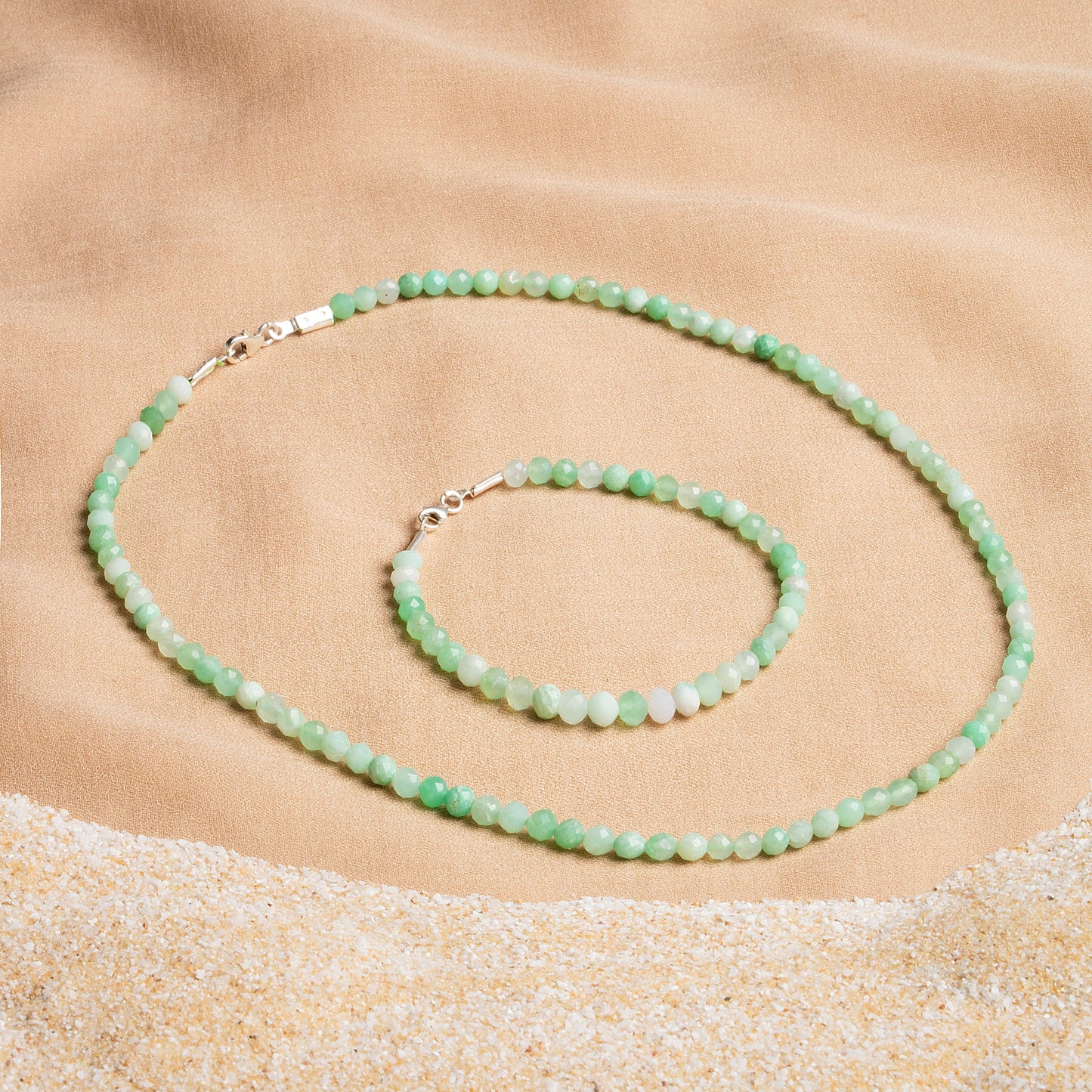 Chrysoprase Necklace and Bracelet Set with Silver Clasps 3-4 mm