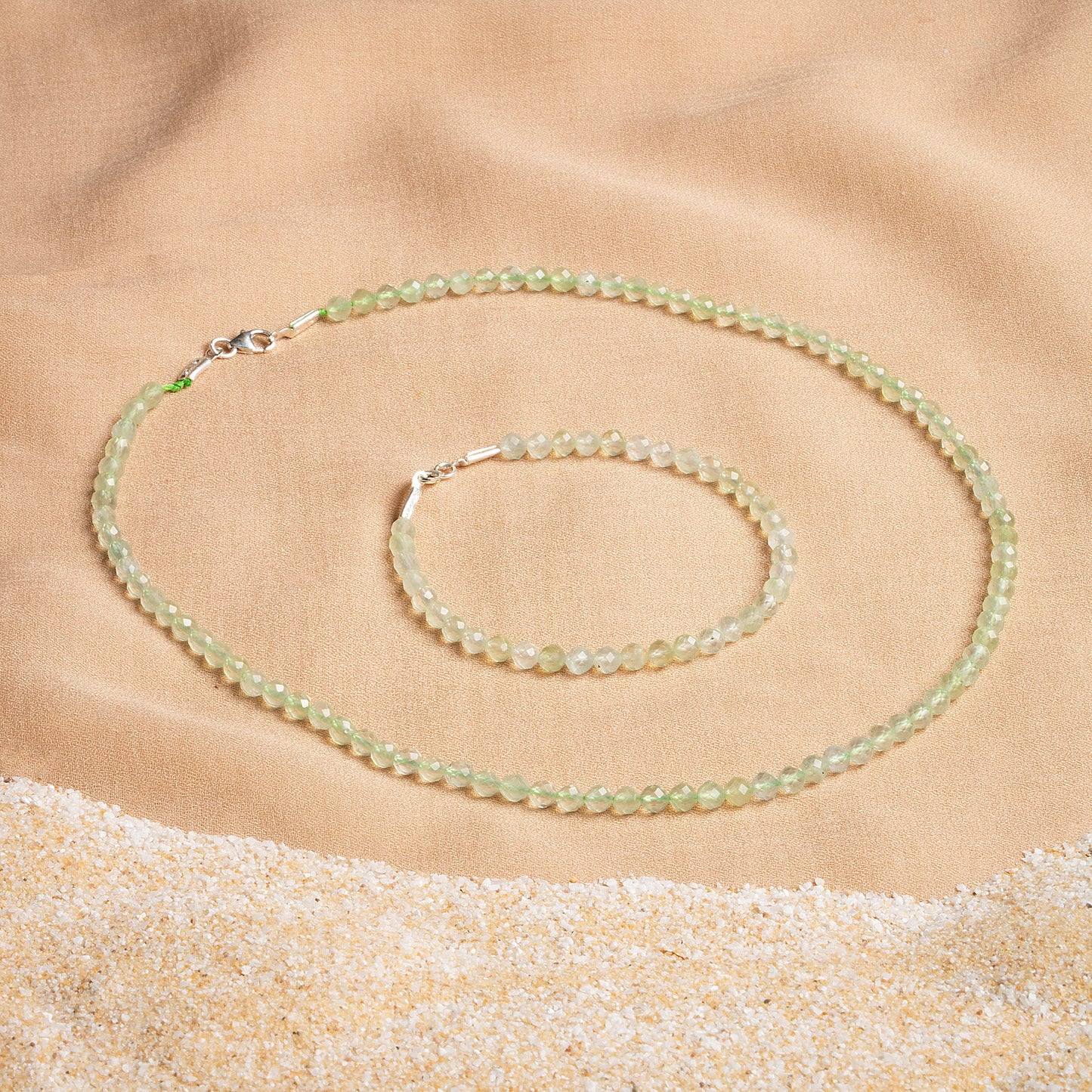 Prehnite Necklace and Bracelet Set with Silver Clasps 3-4 mm