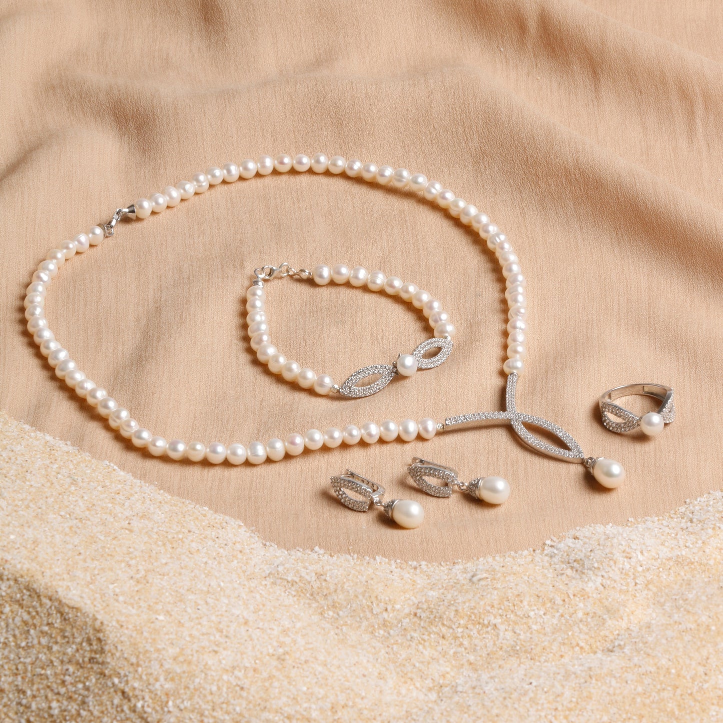 Timeless White Pearl Jewelry Set with Silver Crystal Accents – Oceanistone