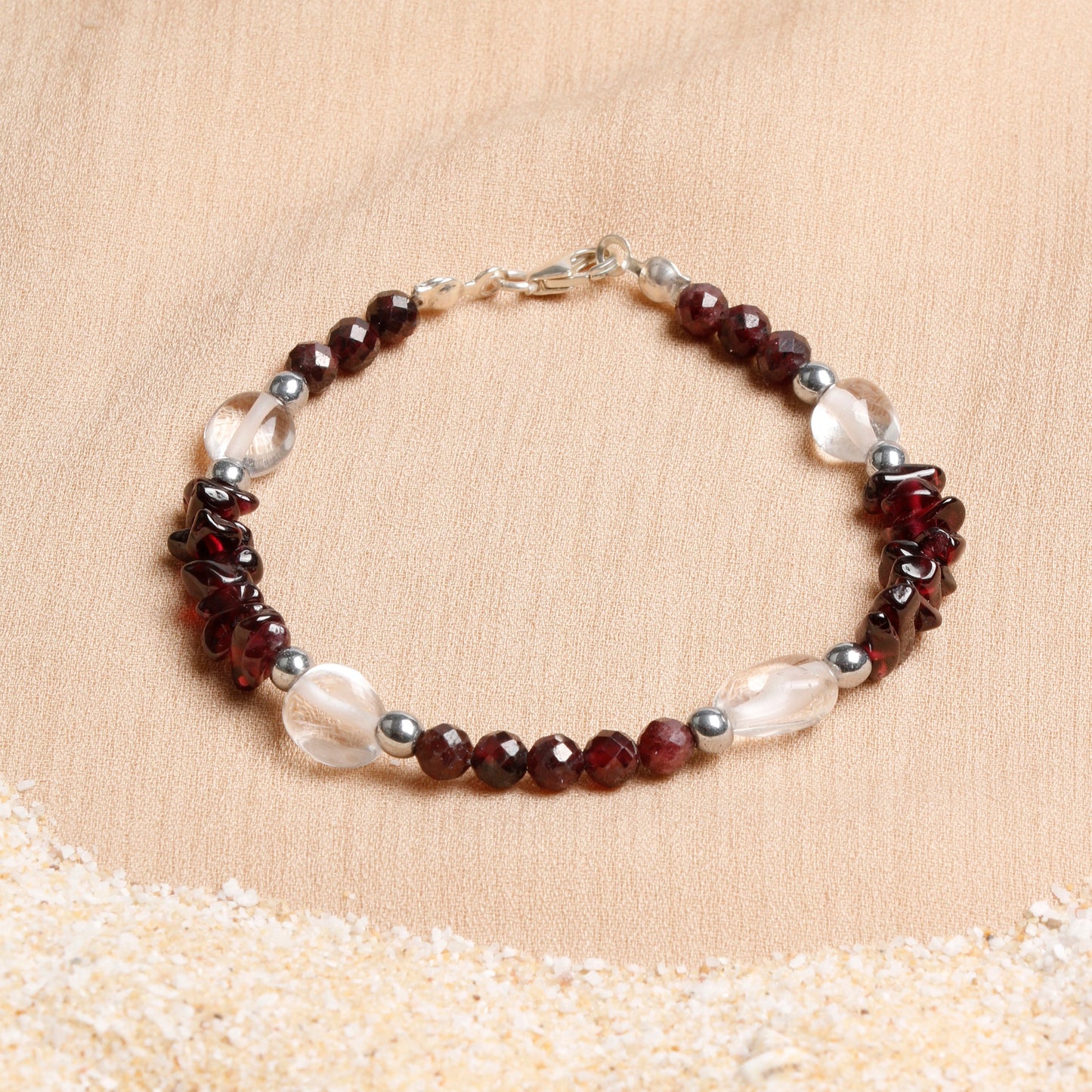 Oceanistone Garnet and Clear Quartz Bracelet with Sterling Silver Clasp