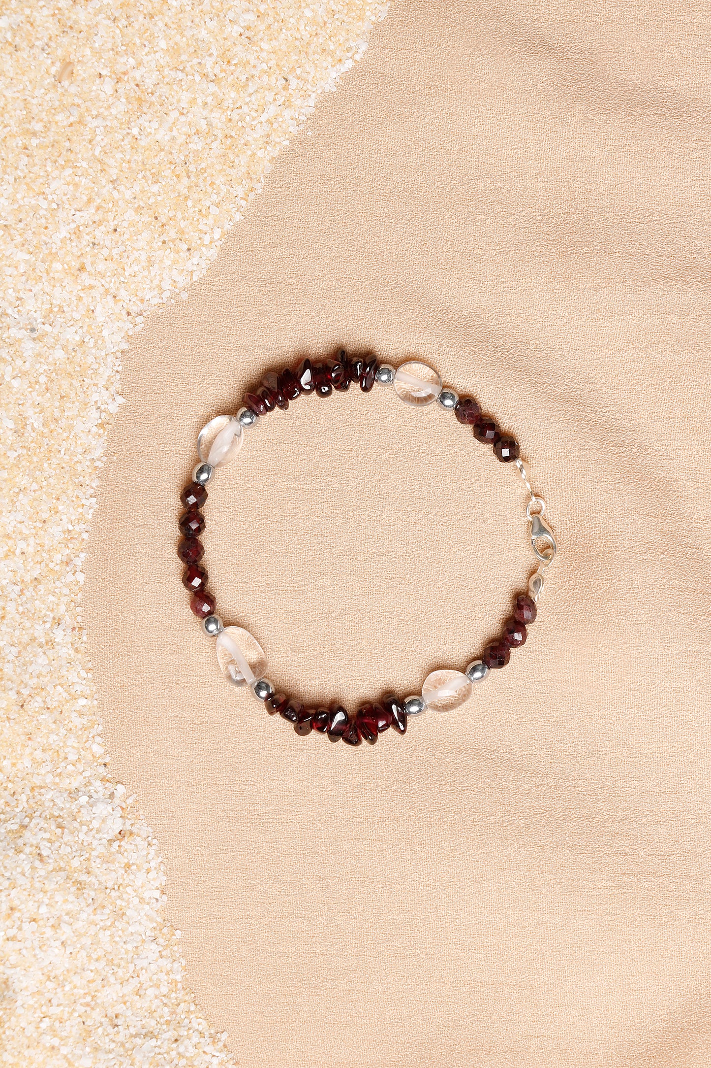 Oceanistone Garnet and Clear Quartz Bracelet with Sterling Silver Clasp