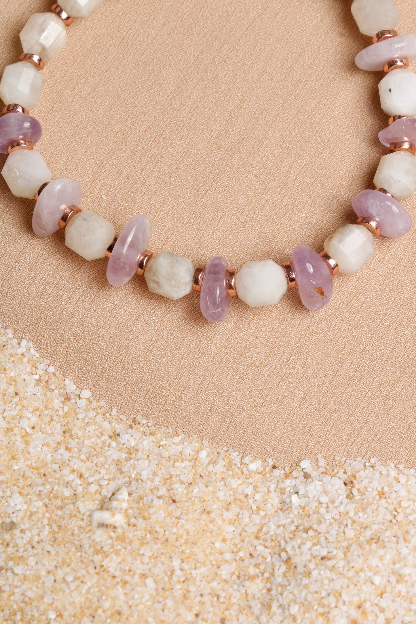 Moonstone and Amethyst Beaded Bracelet with Silver Clasp