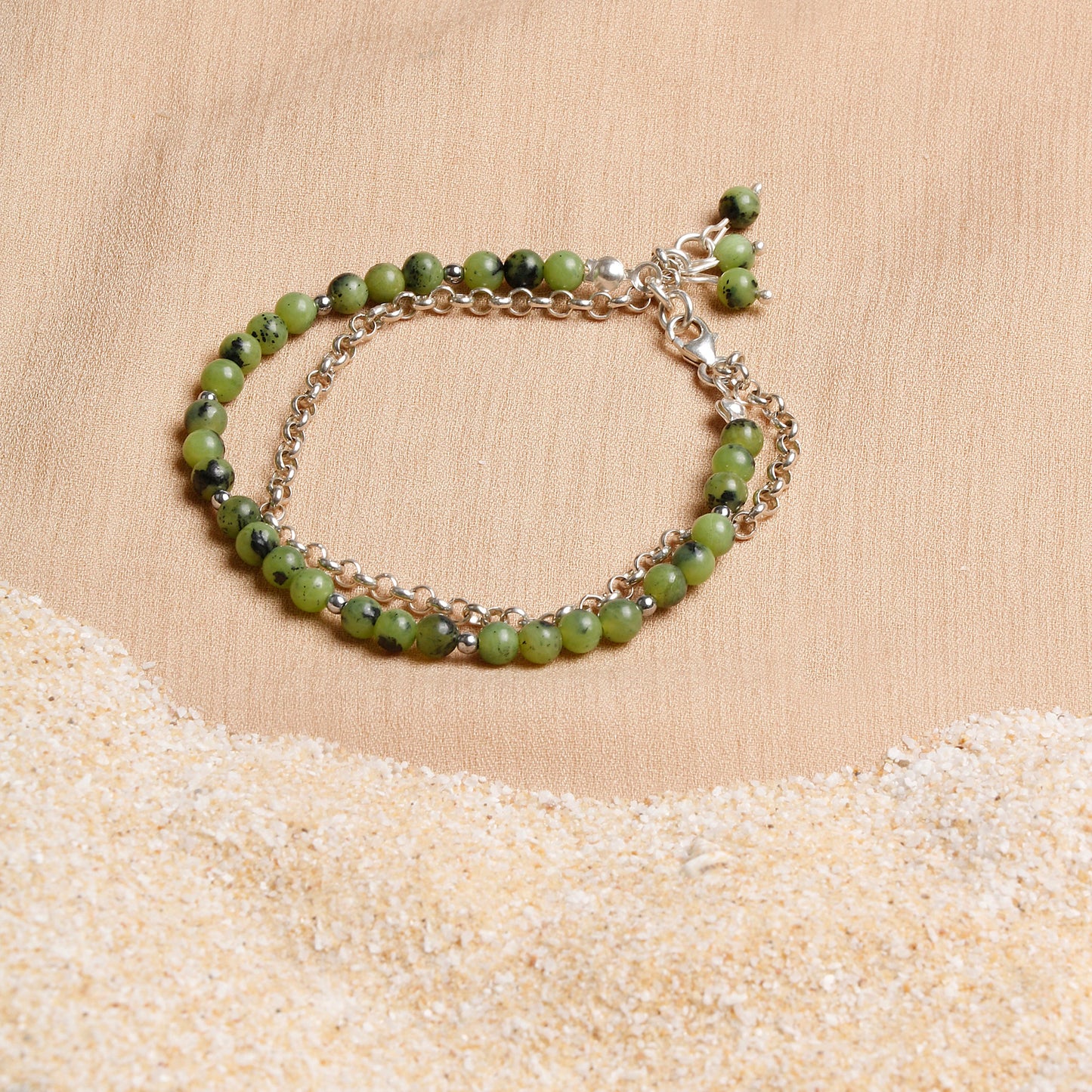 Oceanistone Genuine Green Jade Bracelet with Sterling Silver Chain