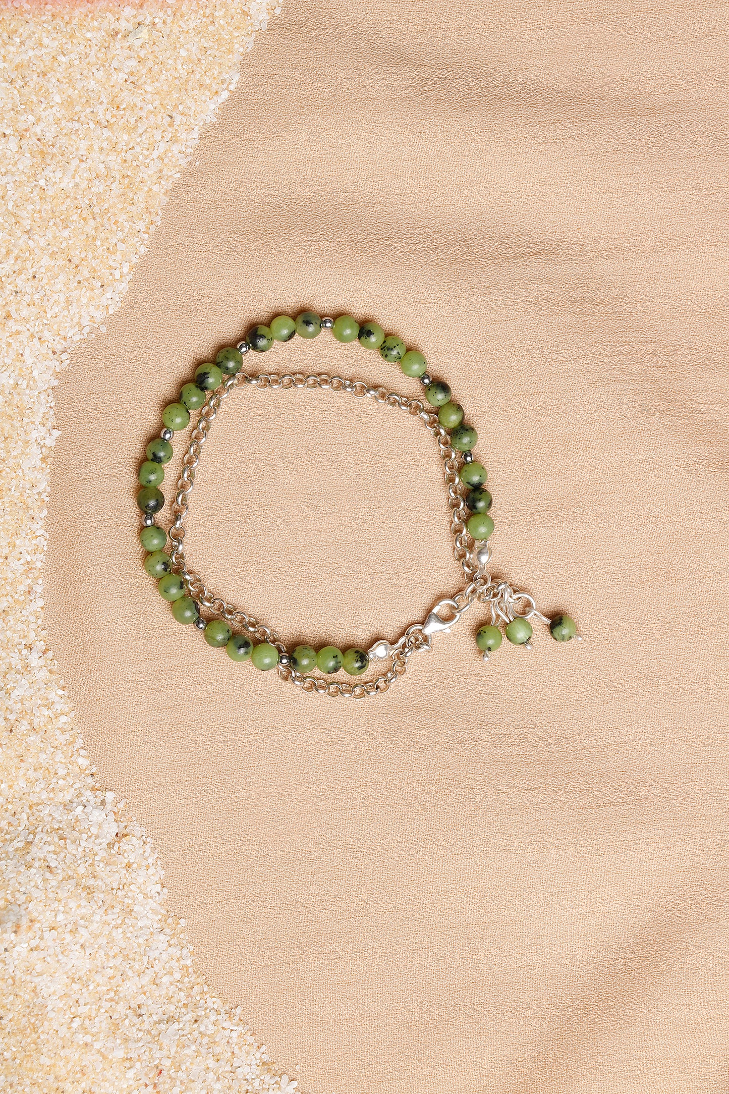 Oceanistone Genuine Green Jade Bracelet with Sterling Silver Chain