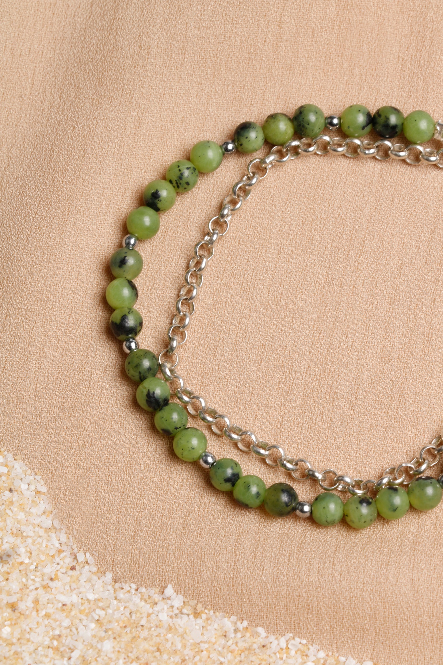 Oceanistone Genuine Green Jade Bracelet with Sterling Silver Chain
