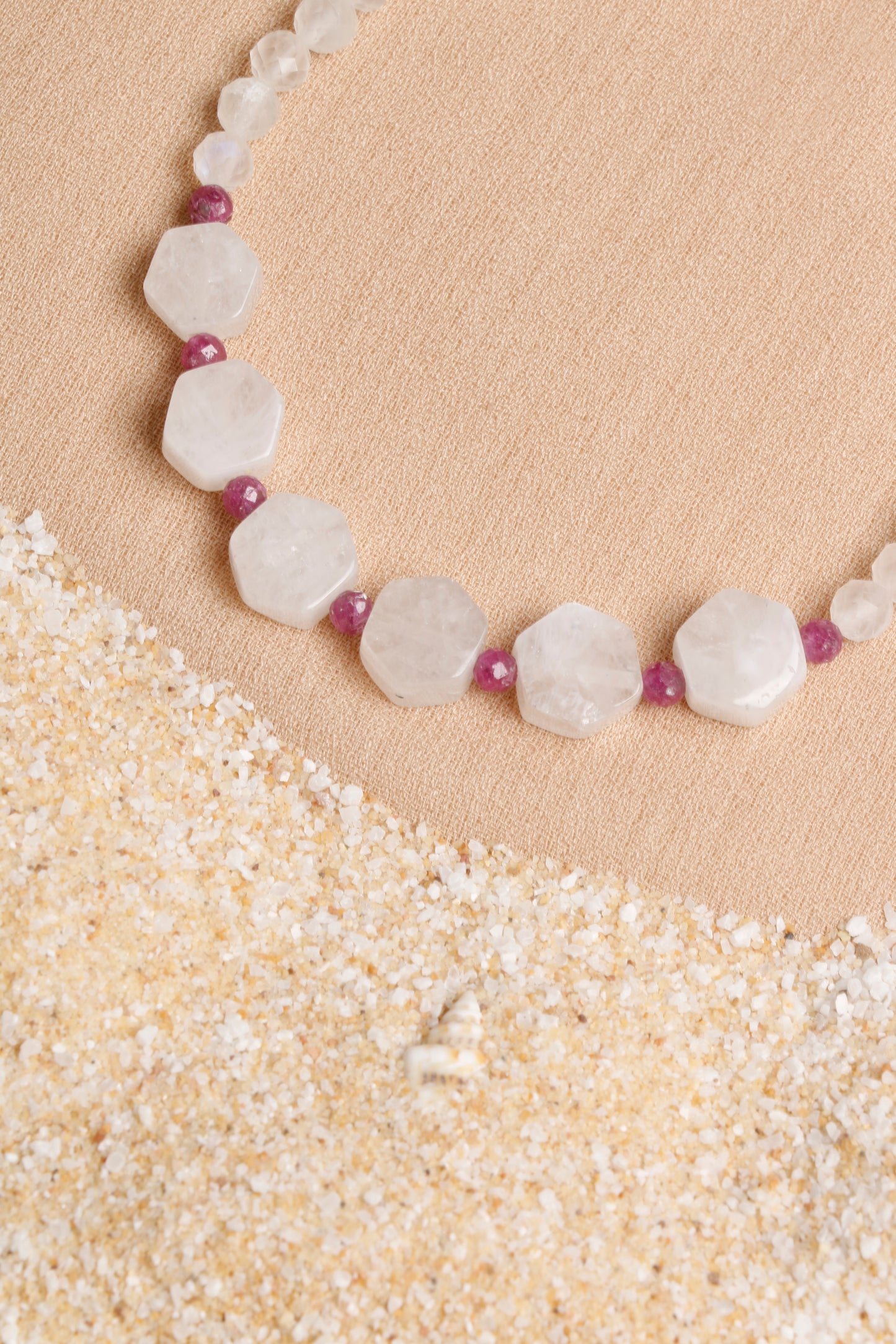 Moonstone and Ruby Bracelet with Custom-Cut Beads and Silver Clasp