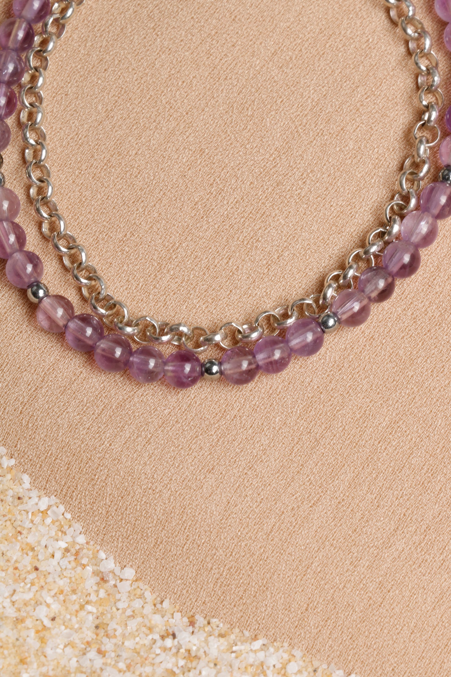 4 mm Amethyst Beaded Bracelet with Silver Chain and Charm