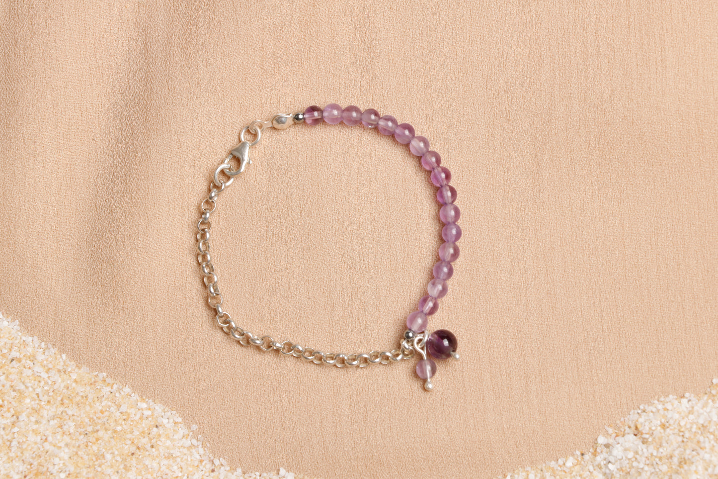 4 mm Amethyst Beaded Bracelet with Silver Chain and Charm