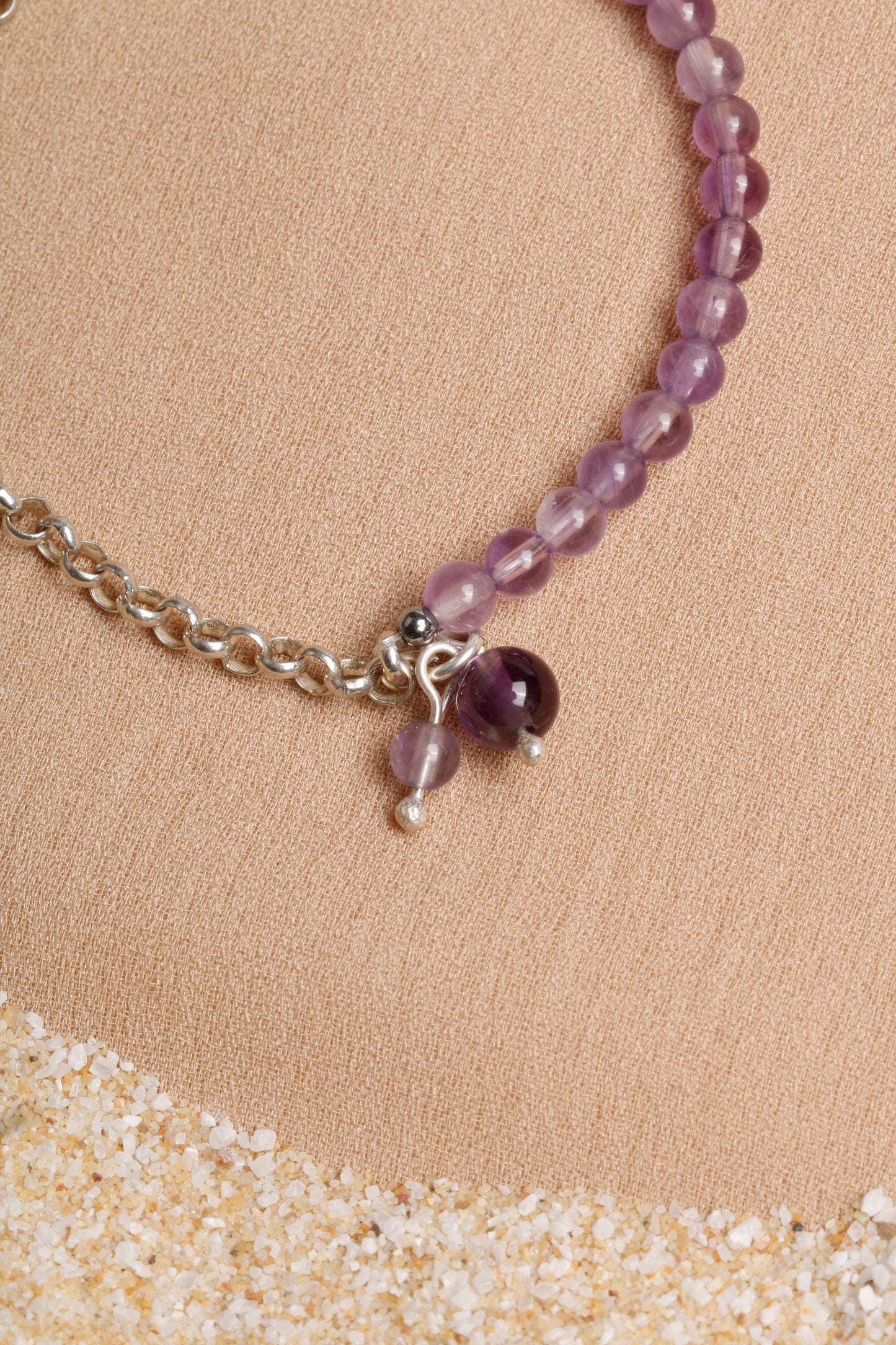 4 mm Amethyst Beaded Bracelet with Silver Chain and Charm