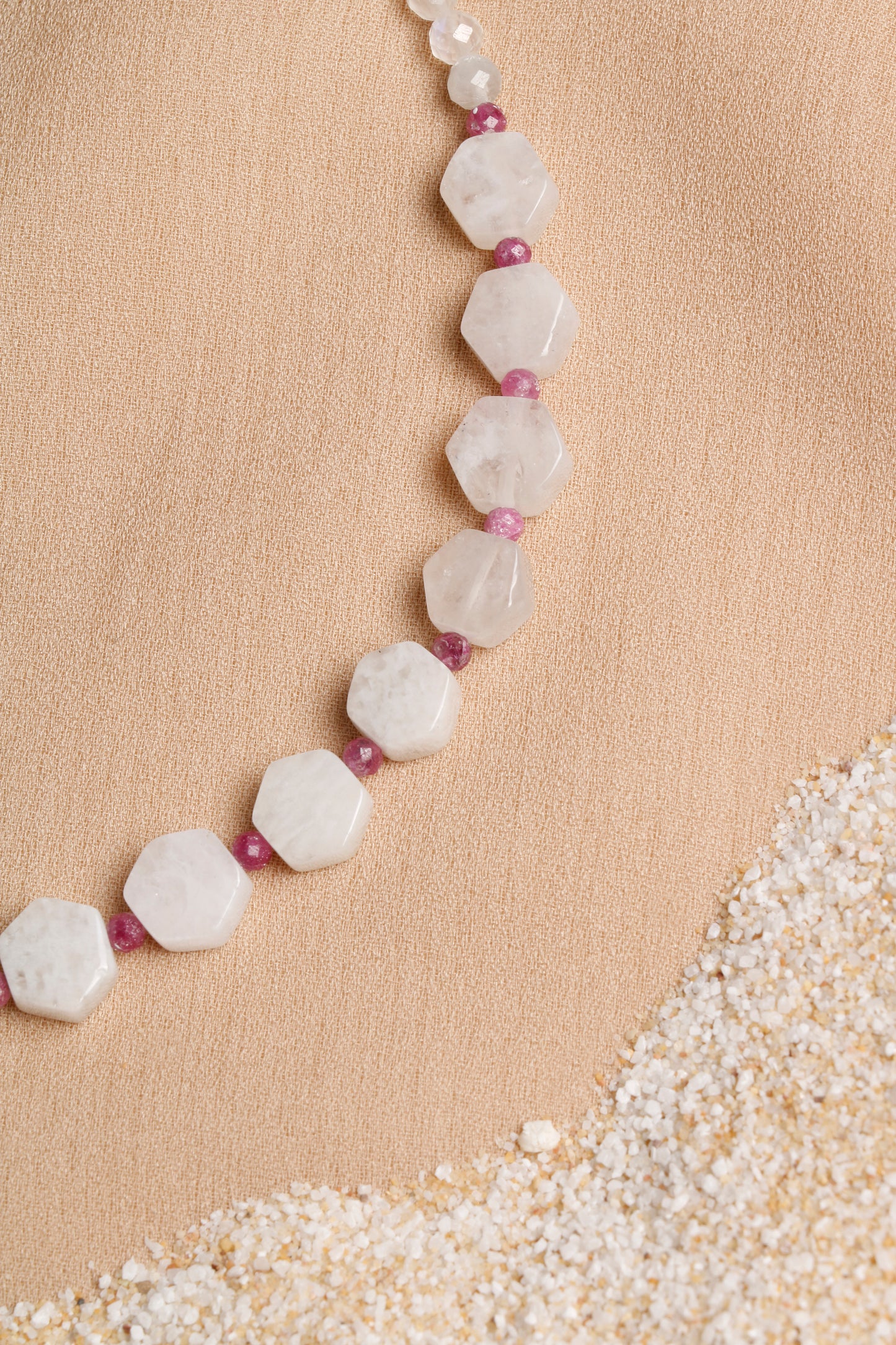 Oceanistone Moonstone and Ruby Necklace with Silver Accents