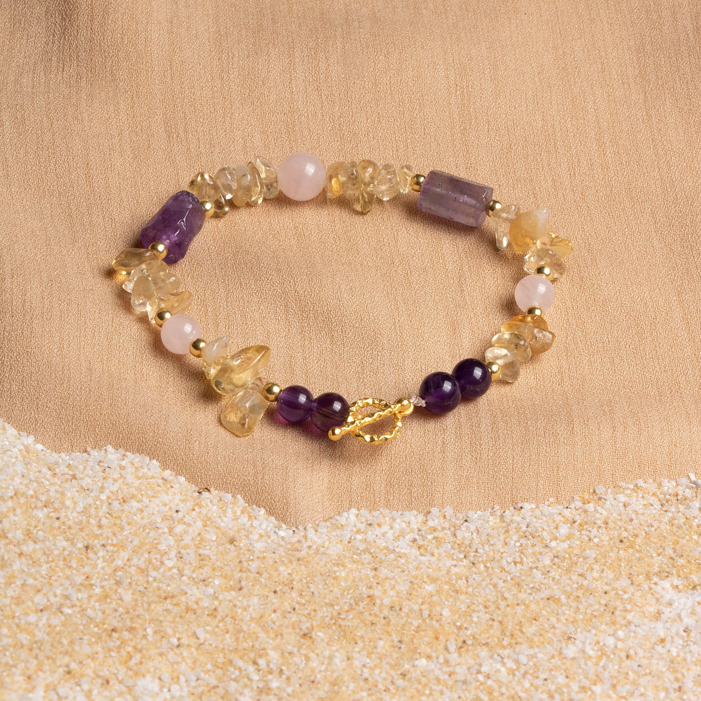 Oceanistone Bracelet with Citrine, Amethyst, and Rose Quartz – A Trio of Elegance and Healing Energy
