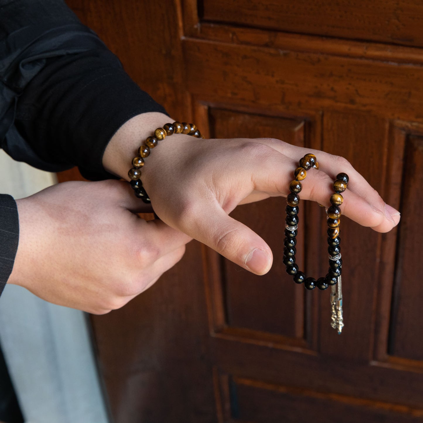 Tiger Eye and Obsidian Natural Stone Rosary Bracelet Set
