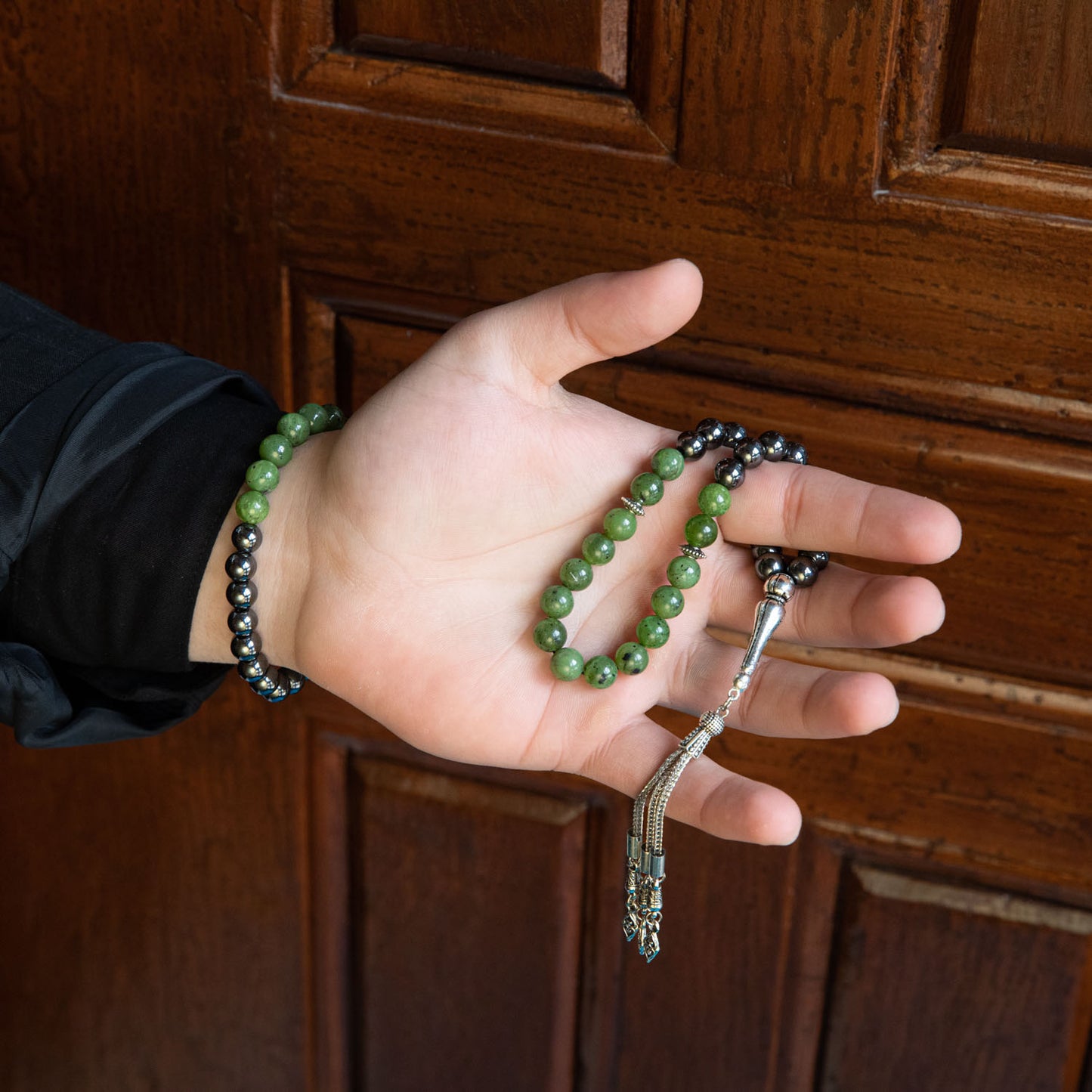 Jade and Hematite Natural Stone Rosary Bracelet Set