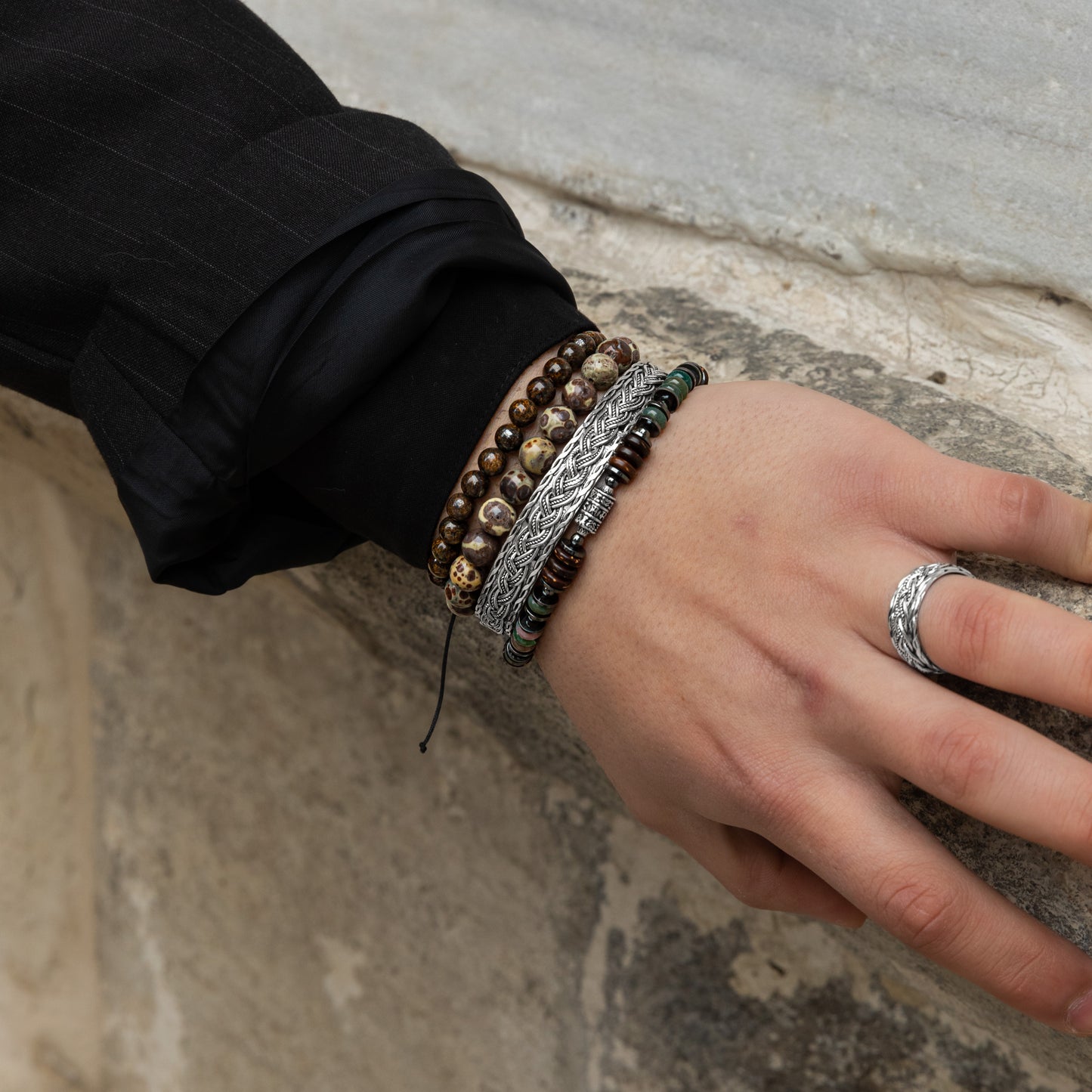 Jasper, Garnet, Adjustable Silver Ring and Silver Bracelet Set