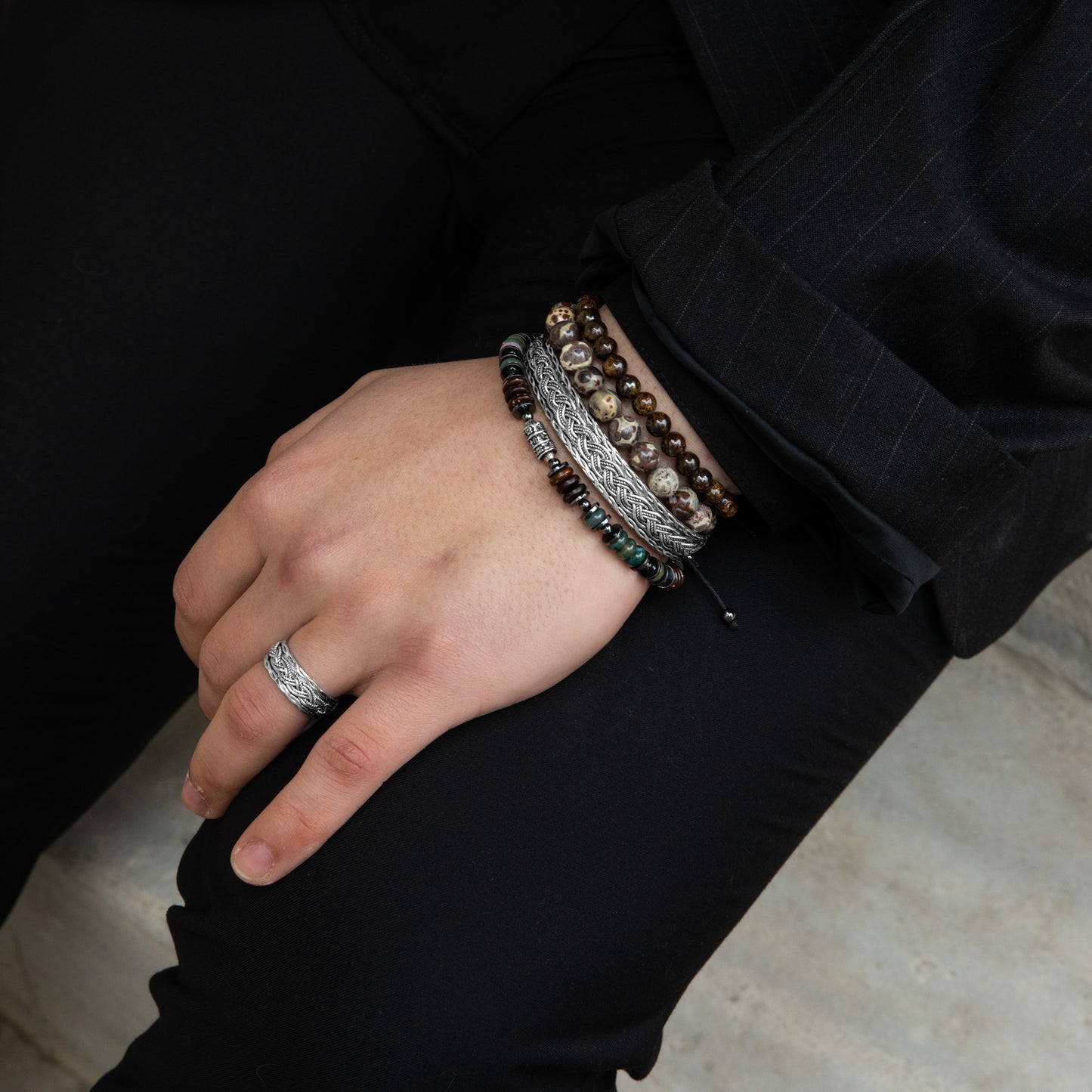 Jasper, Garnet, Adjustable Silver Ring and Silver Bracelet Set