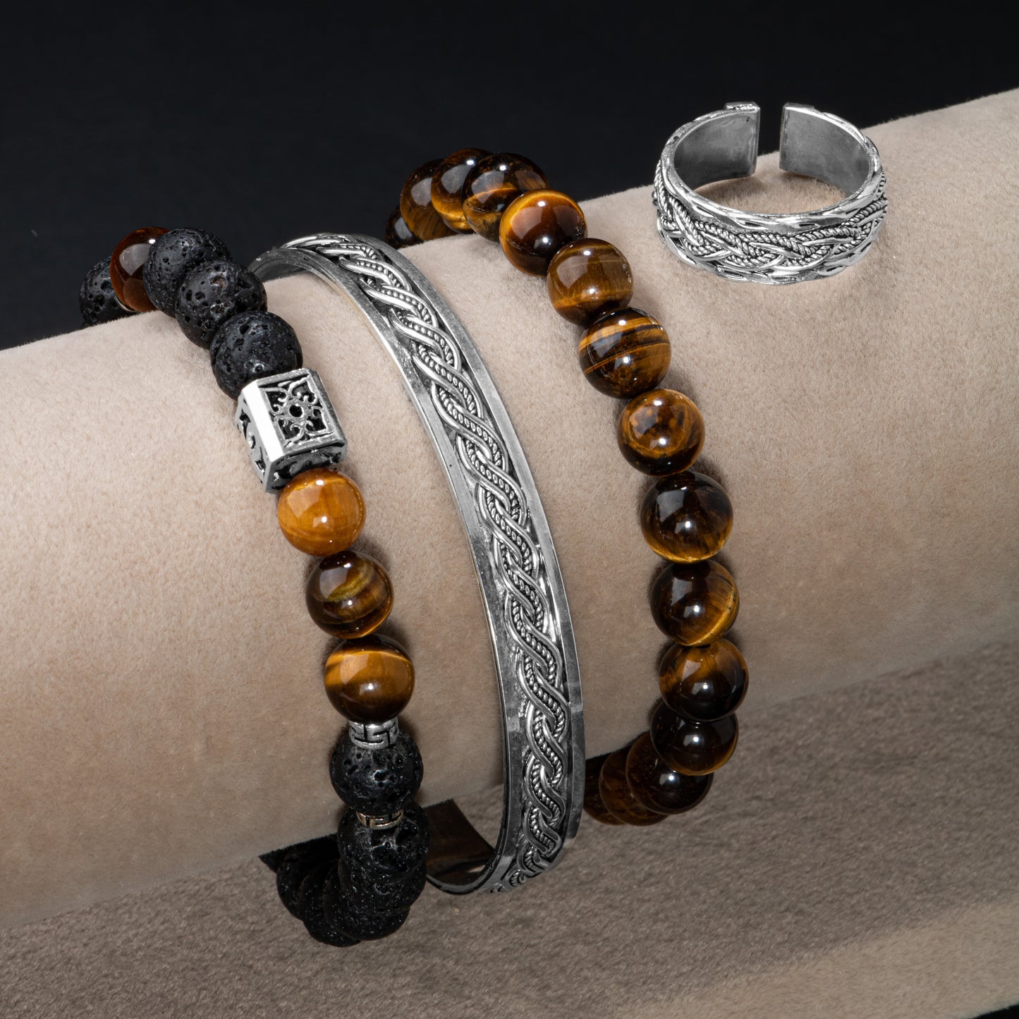 Tiger Eye, Lava Natural Stone Adjustable Silver Ring and Silver Bracelet Set