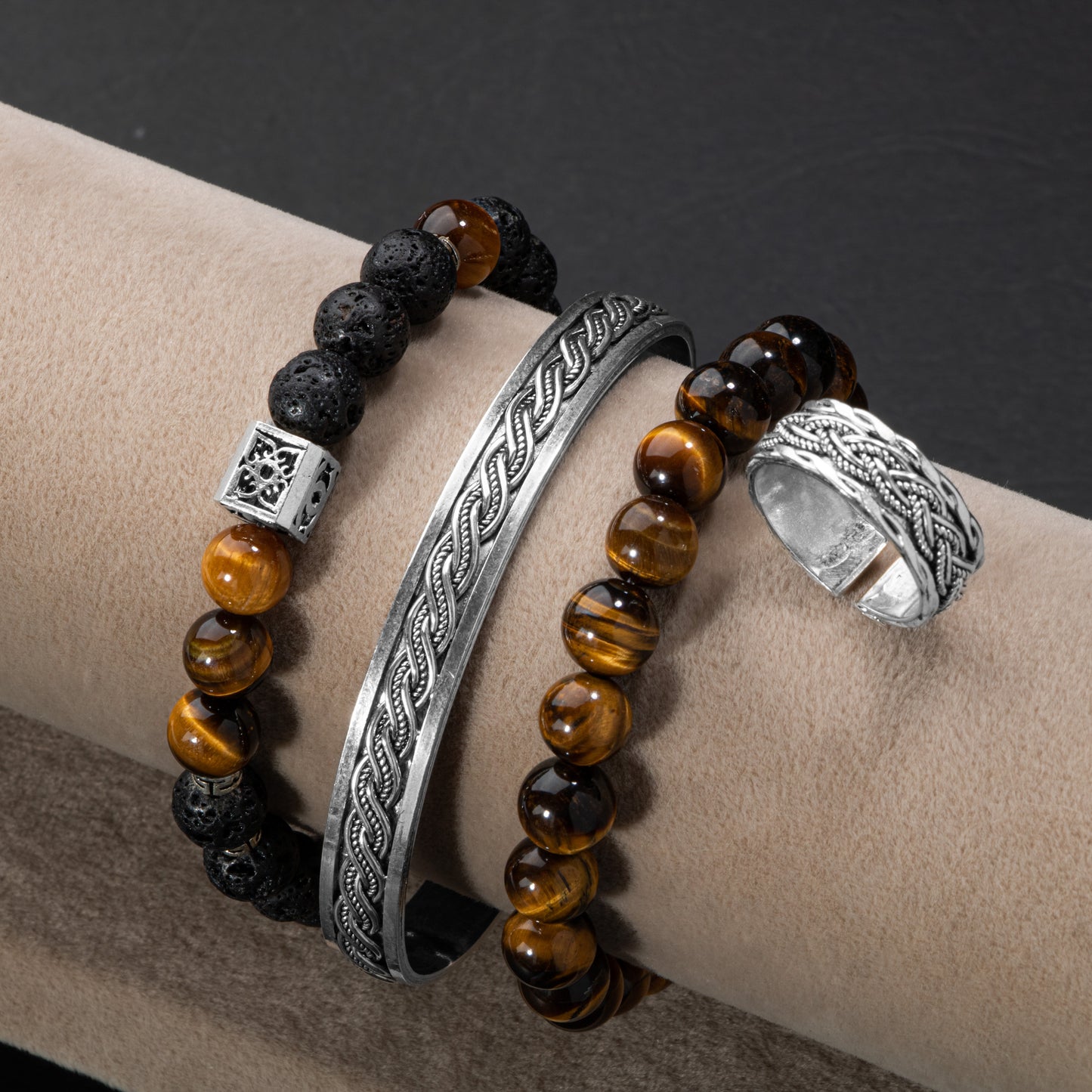 Tiger Eye, Lava Natural Stone Adjustable Silver Ring and Silver Bracelet Set