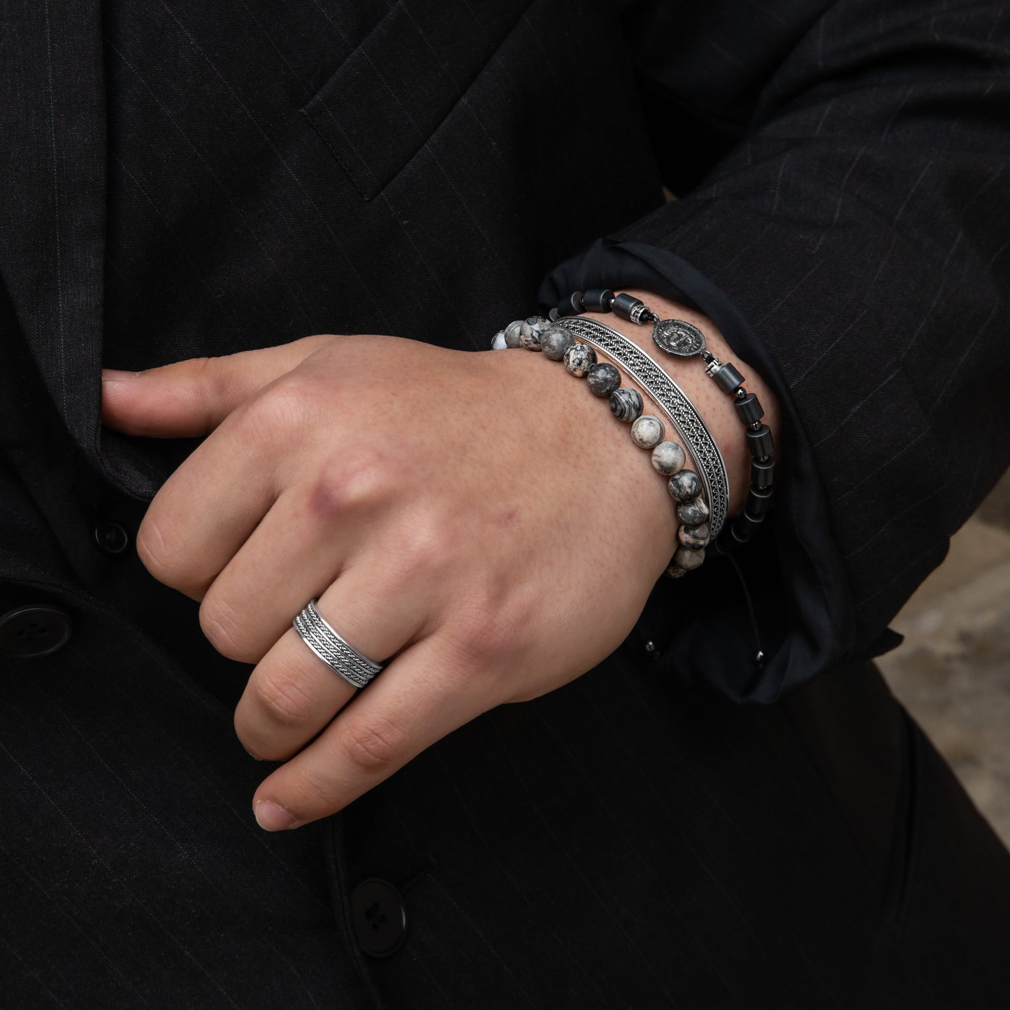 Jasper, Shungite, Adjustable Silver Ring and Silver Bracelet Set