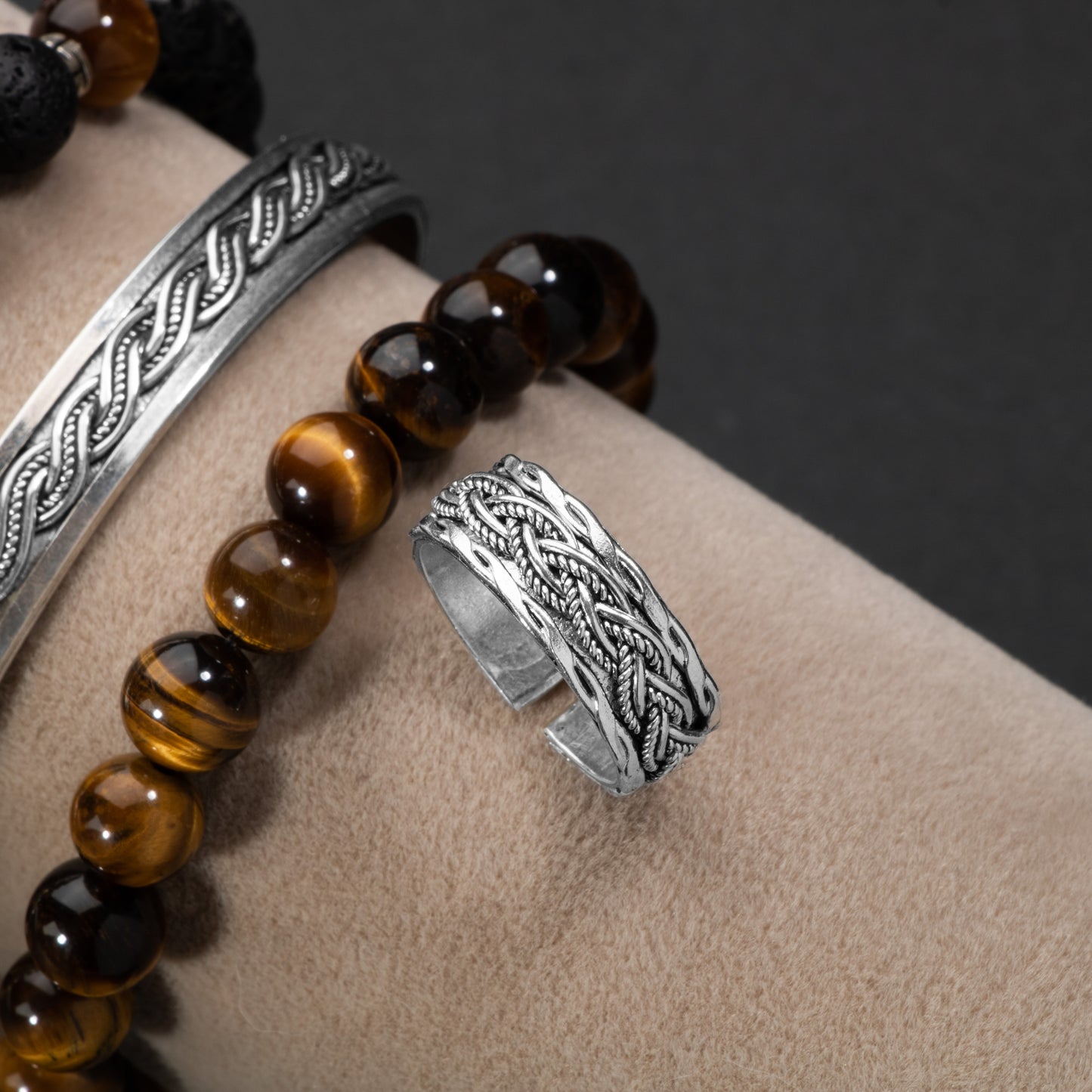 Tiger Eye, Lava Natural Stone Adjustable Silver Ring and Silver Bracelet Set