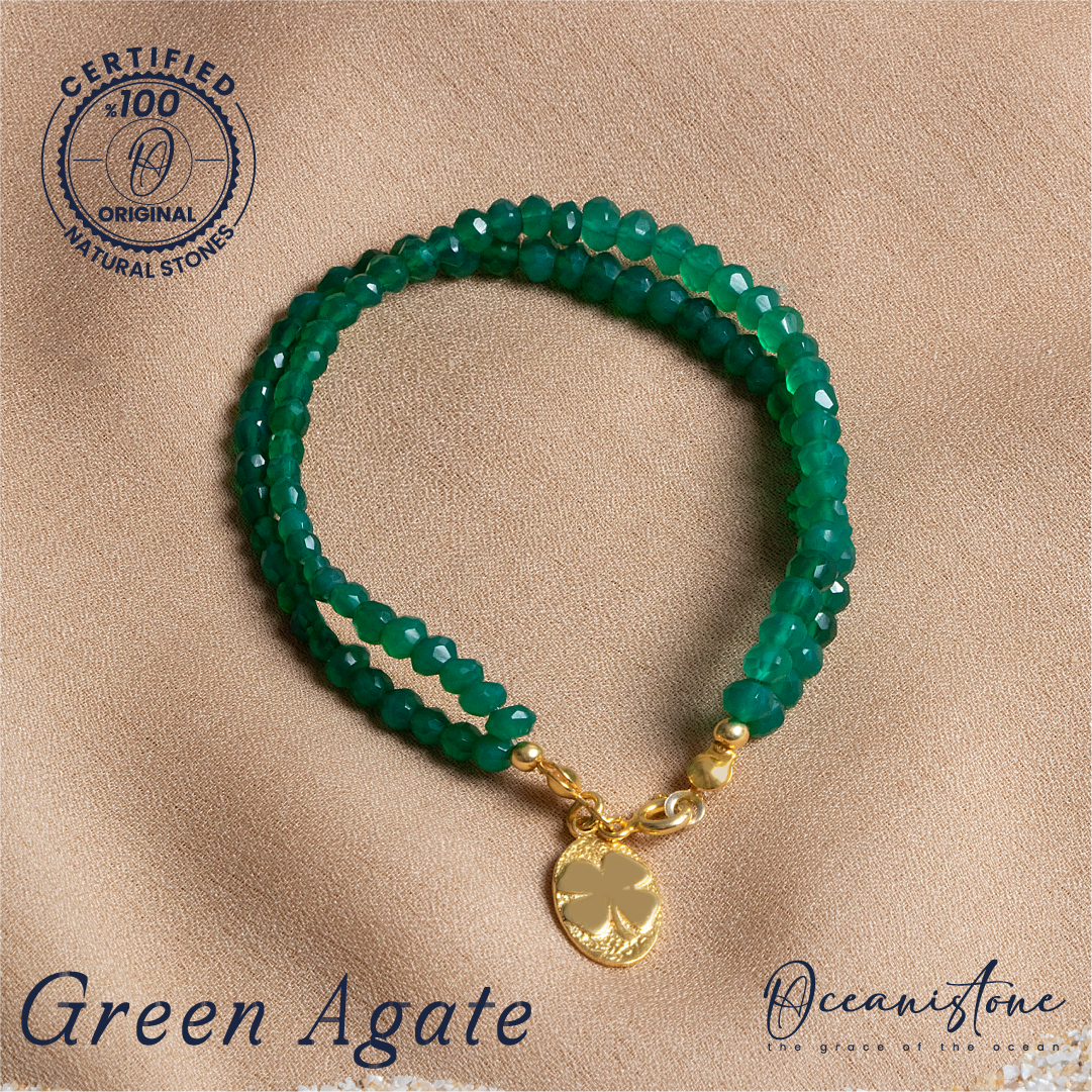 Green Agate Double-Strand Bracelet with Silver Clasp and Clover Charm – Oceanistone