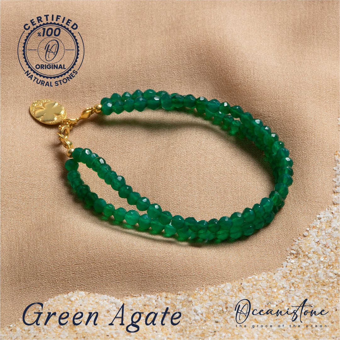 Green Agate Double-Strand Bracelet with Silver Clasp and Clover Charm – Oceanistone