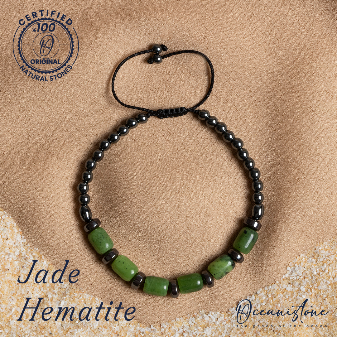 Special-Cut Jade and Hematite Bracelet with Macrame Closure