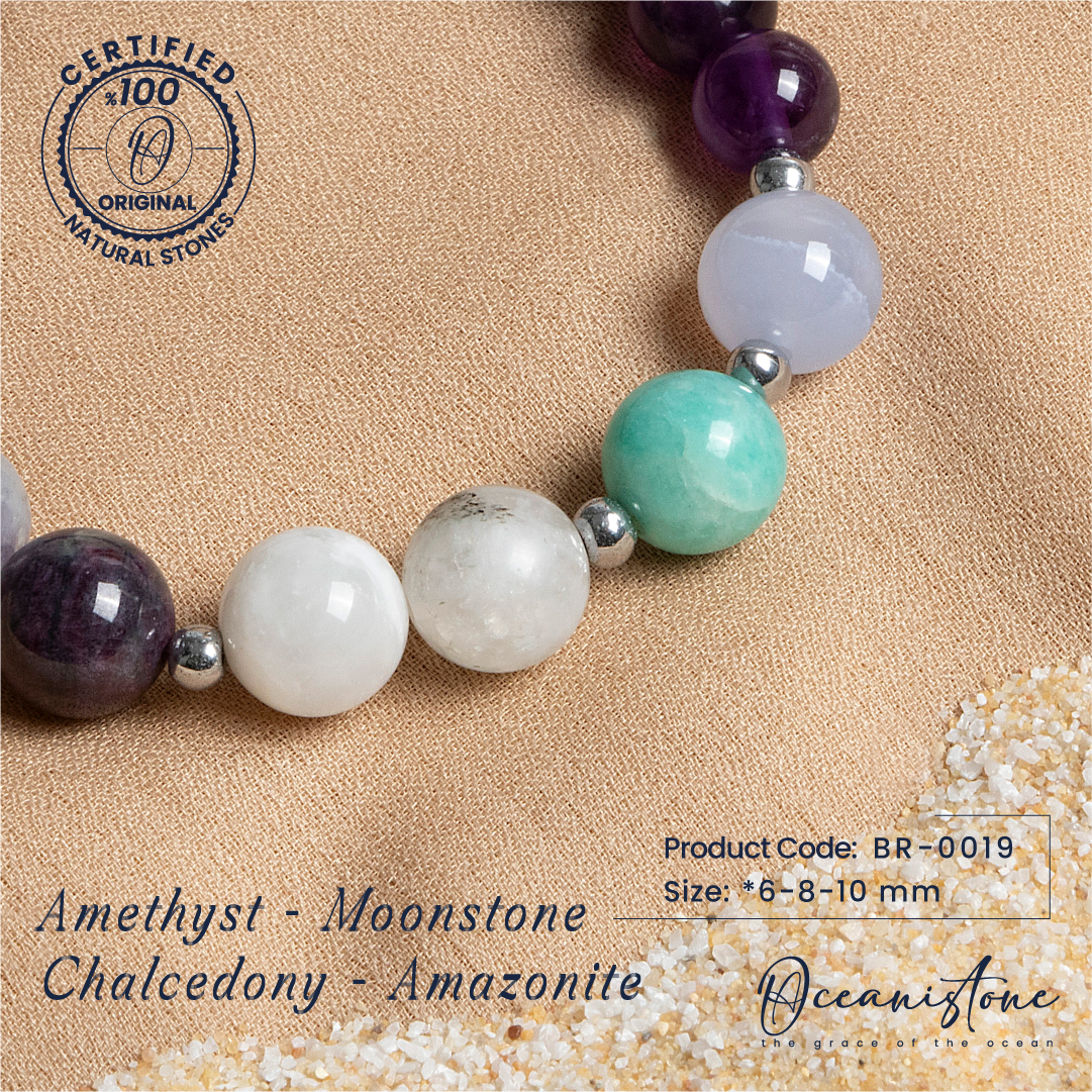 Multi-Stone Bracelet with Amethyst, Moonstone, Chalcedony, and Amazonite