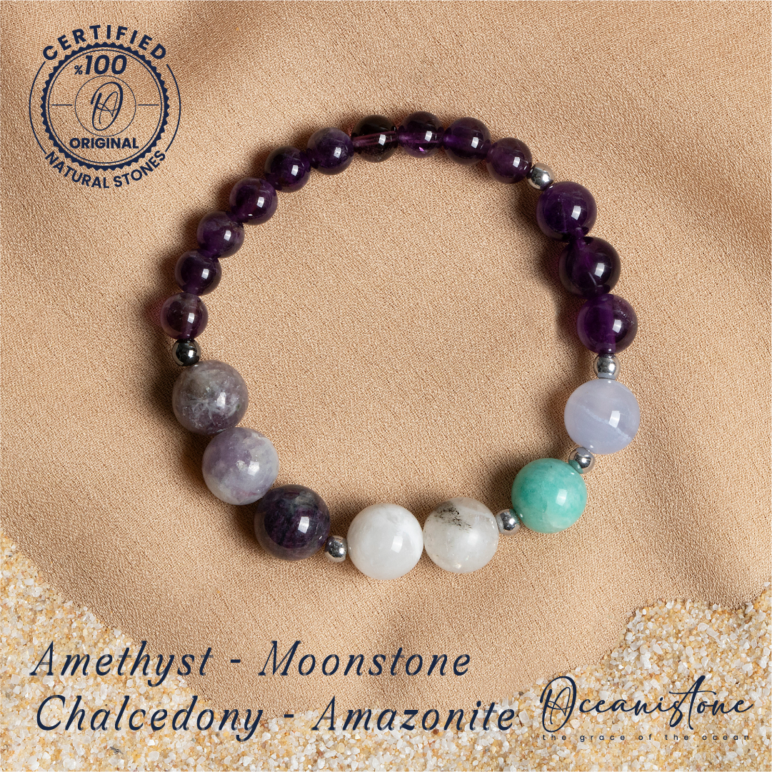 Multi-Stone Bracelet with Amethyst, Moonstone, Chalcedony, and Amazonite