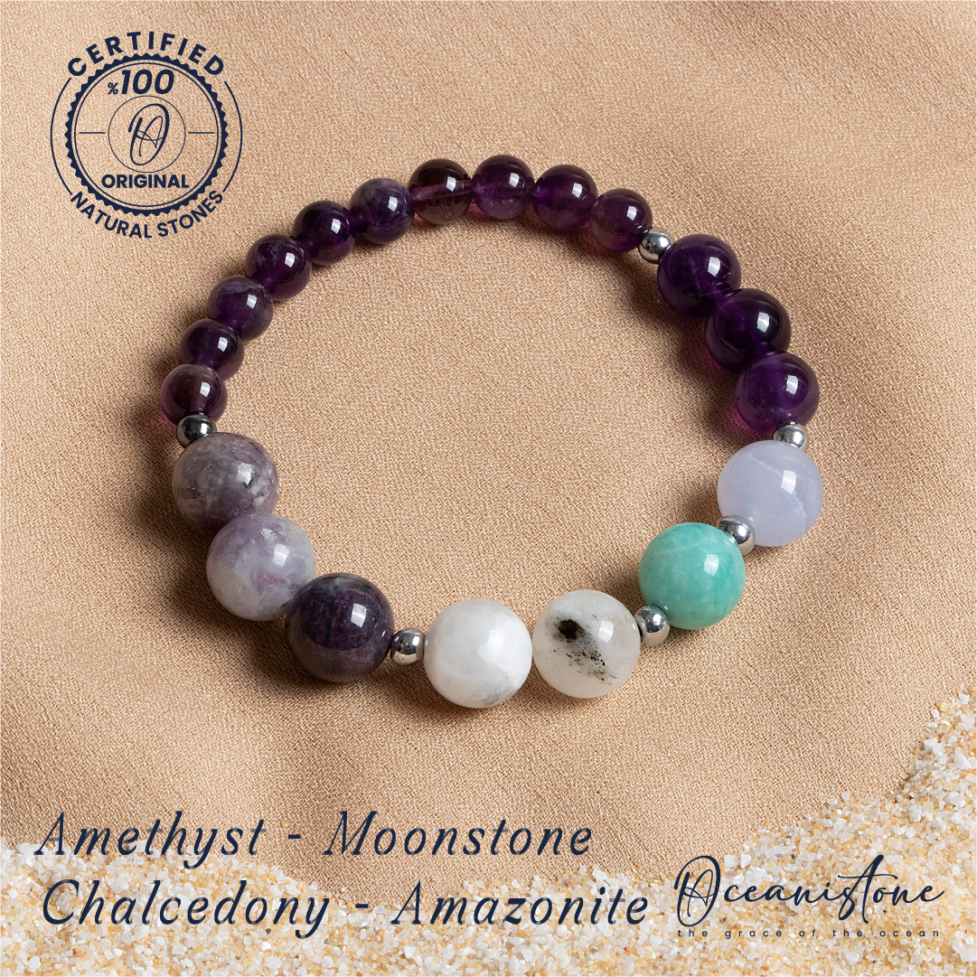 Multi-Stone Bracelet with Amethyst, Moonstone, Chalcedony, and Amazonite