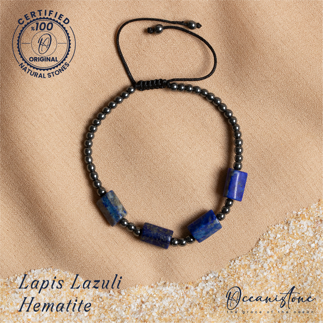 Special-Cut Lapis Lazuli and Hematite Bracelet with Macrame Closure – Oceanistone