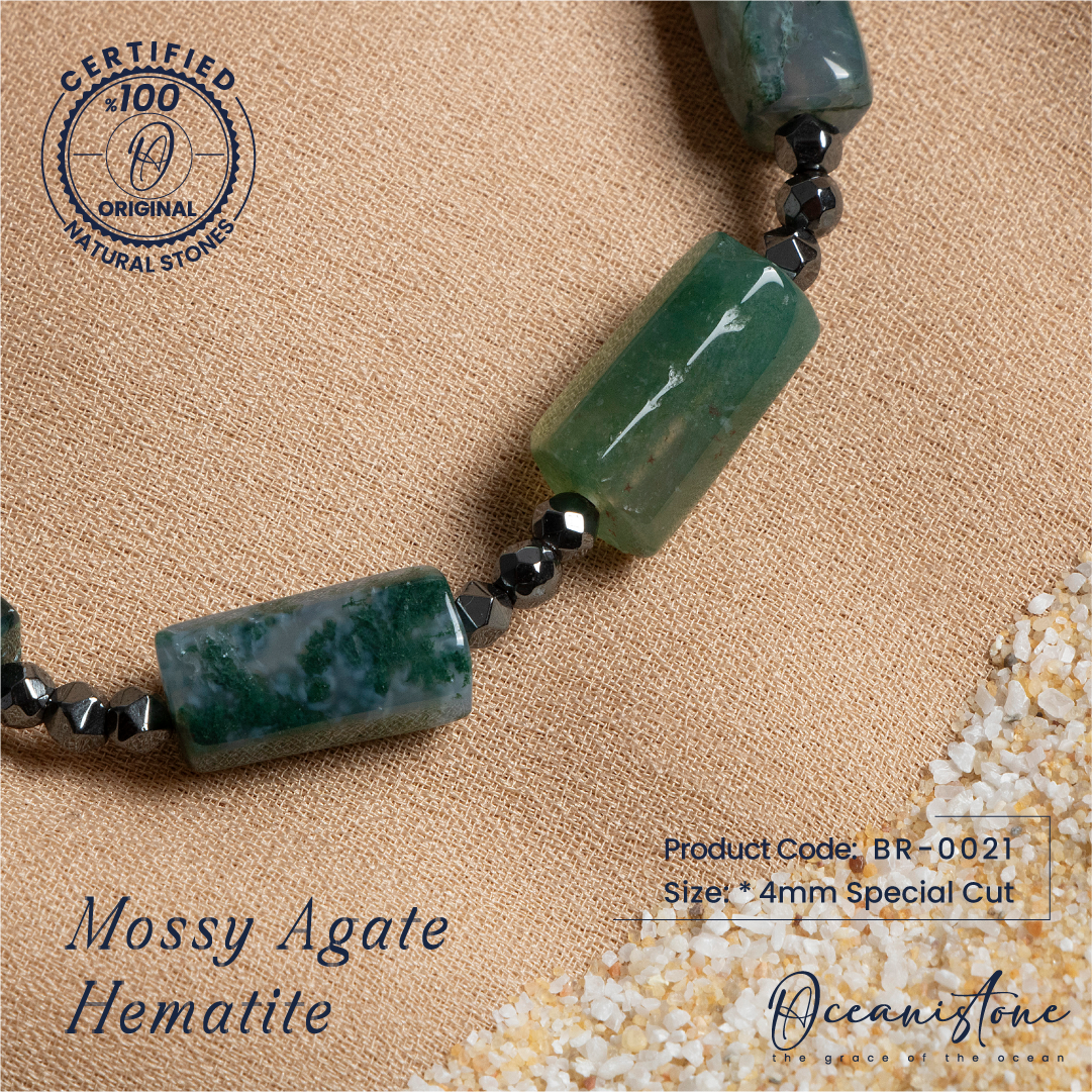 Special-Cut Moss Agate and Hematite Bracelet with Macrame Closure