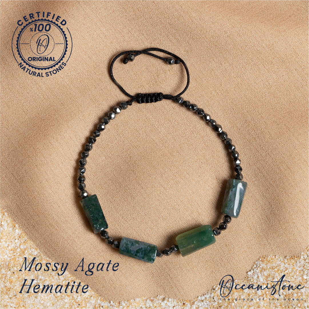 Special-Cut Moss Agate and Hematite Bracelet with Macrame Closure