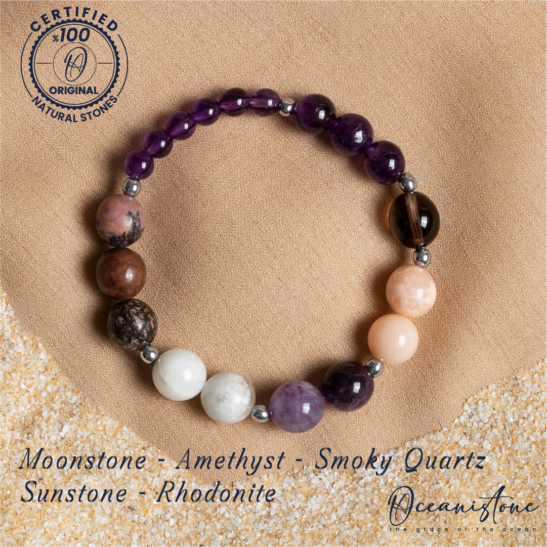 Moonstone, Amethyst, Smoky Quartz, Sunstone, and Rhodonite Bracelet with Elastic Cord