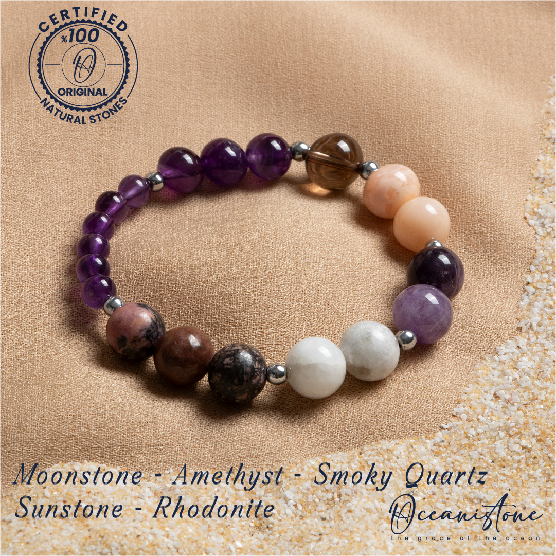 Moonstone, Amethyst, Smoky Quartz, Sunstone, and Rhodonite Bracelet with Elastic Cord