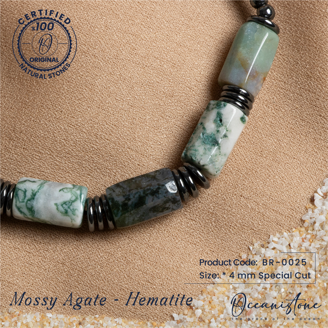 Special-Cut Moss Agate and Hematite Bracelet with Macrame Closure