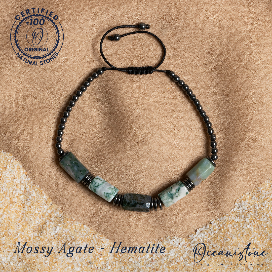 Special-Cut Moss Agate and Hematite Bracelet with Macrame Closure