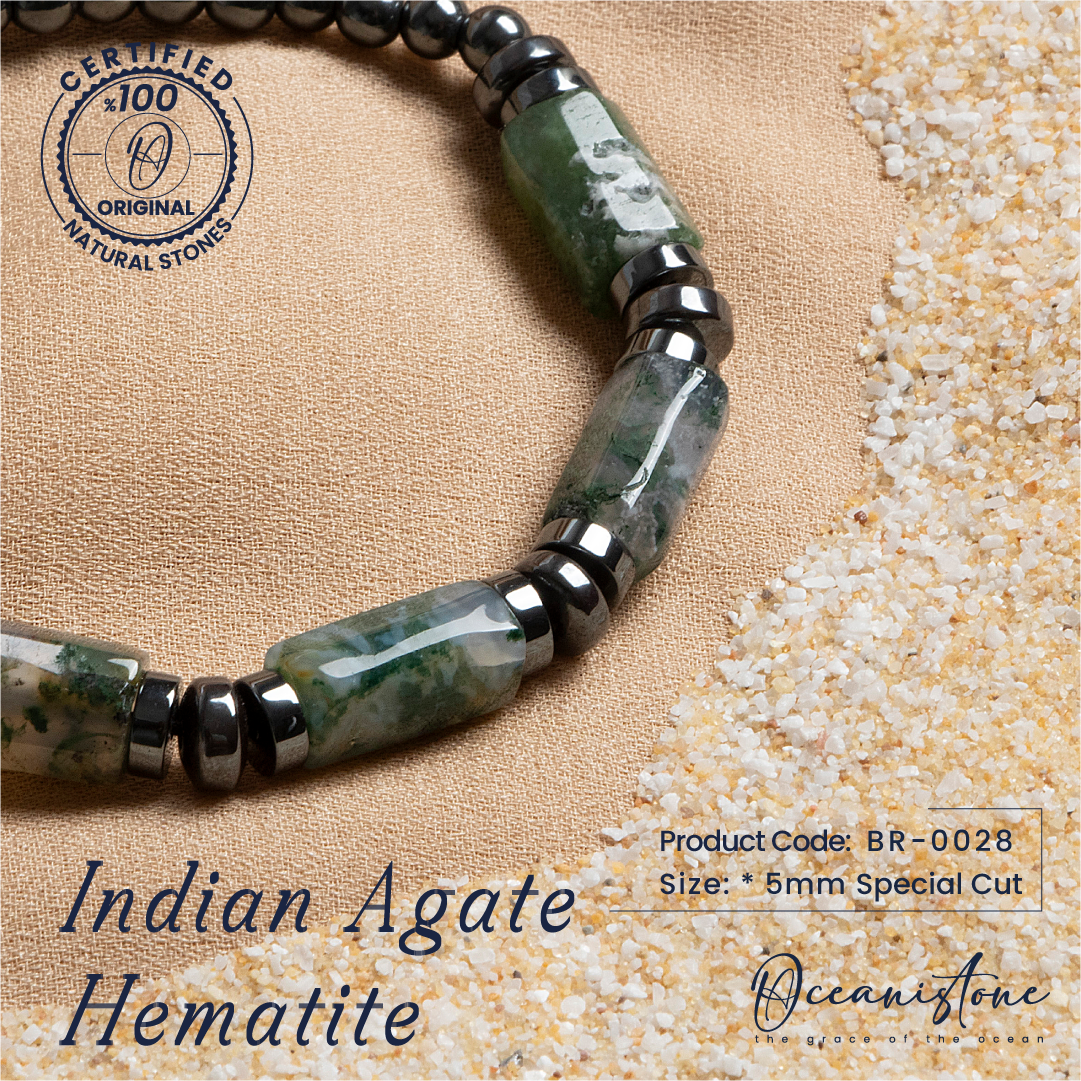 Special-Cut Indian Agate and Hematite Bracelet with Macrame Closure