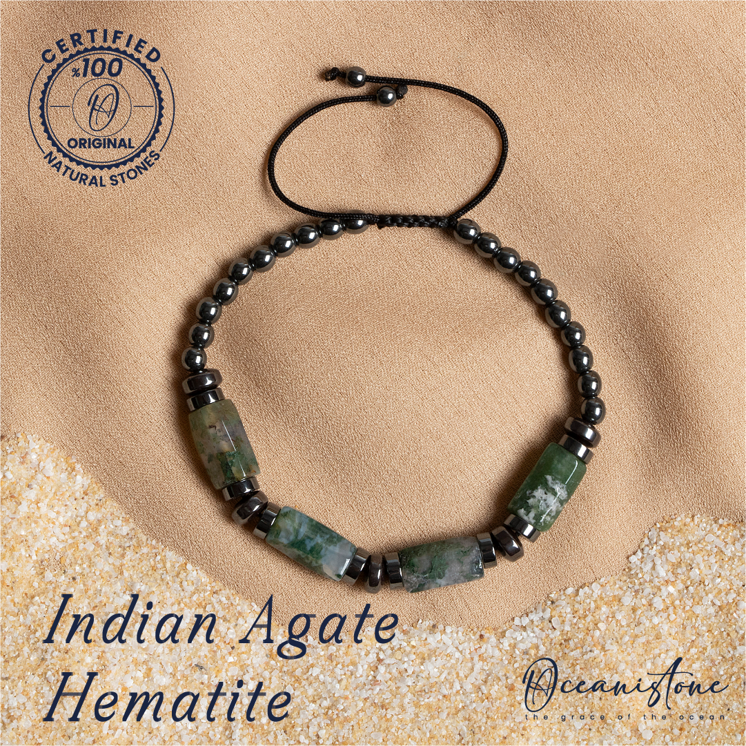 Special-Cut Indian Agate and Hematite Bracelet with Macrame Closure